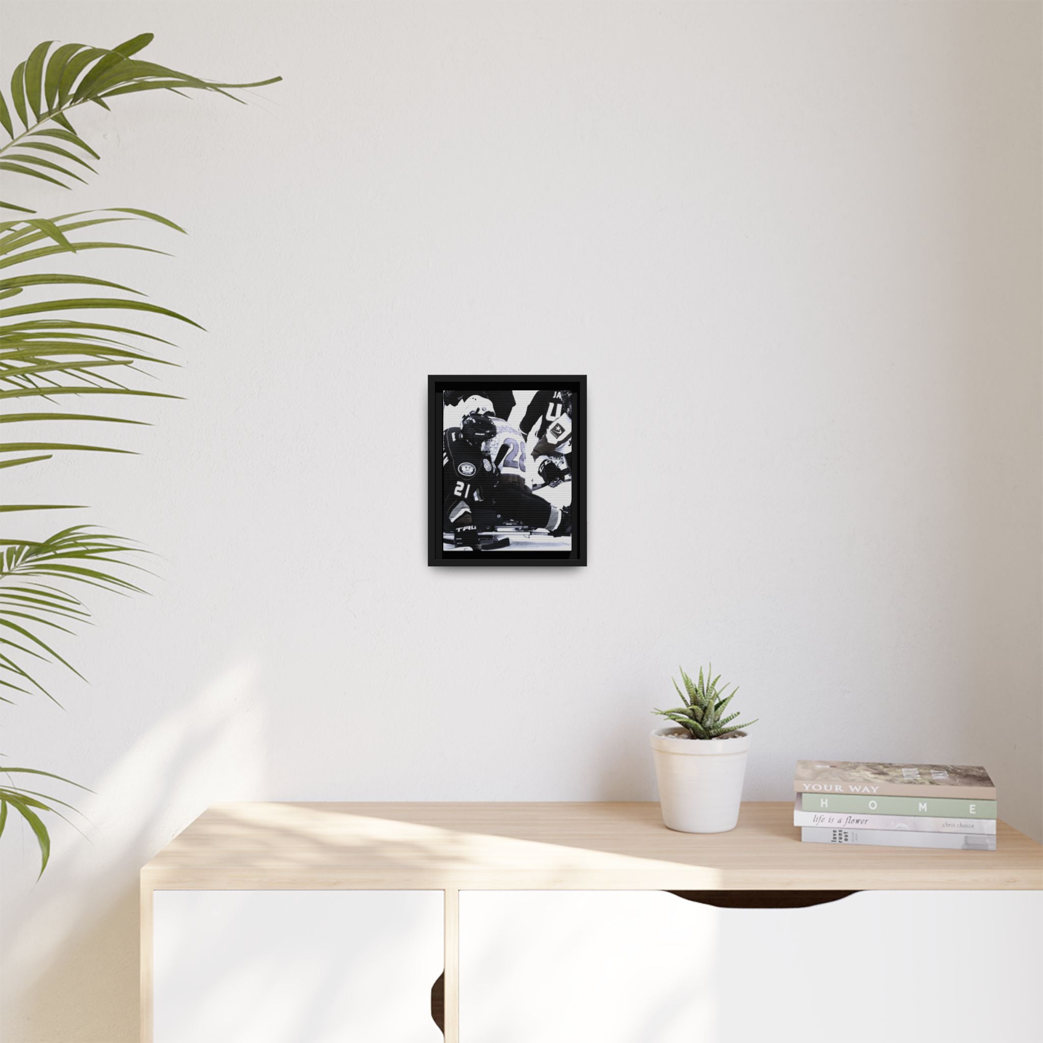 Framed Hockey Action Matte Canvas Print — Black & White Sports Wall Art