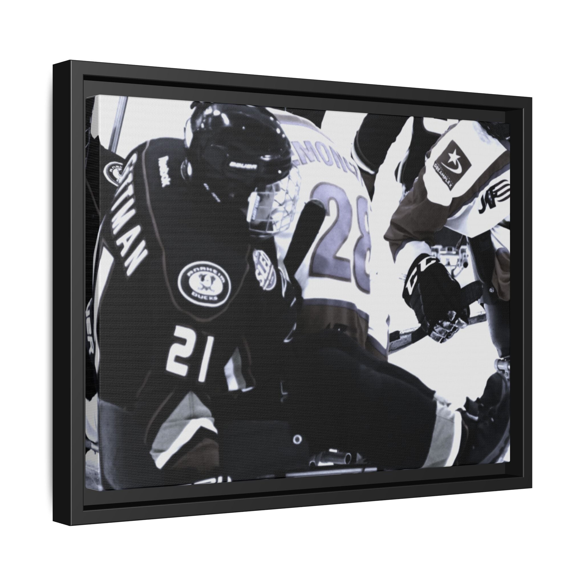 Framed Hockey Action Matte Canvas Print — Black & White Sports Wall Art