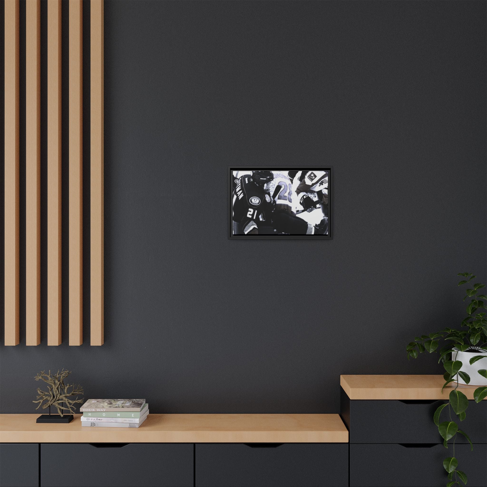 Framed Hockey Action Matte Canvas Print — Black & White Sports Wall Art