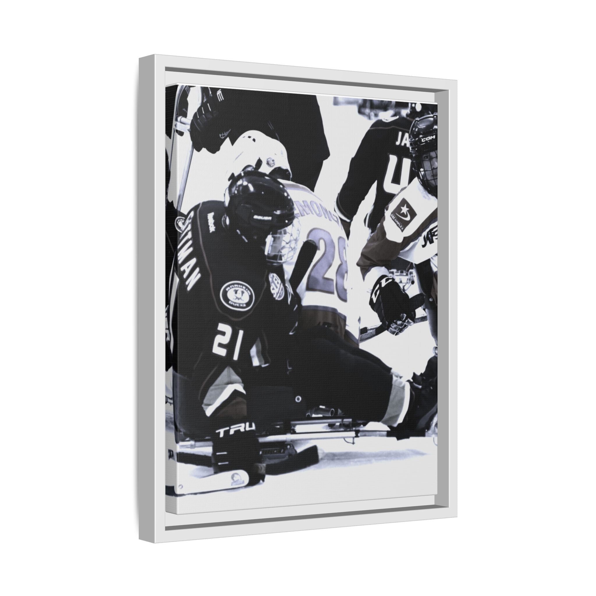 Framed Hockey Action Matte Canvas Print — Black & White Sports Wall Art