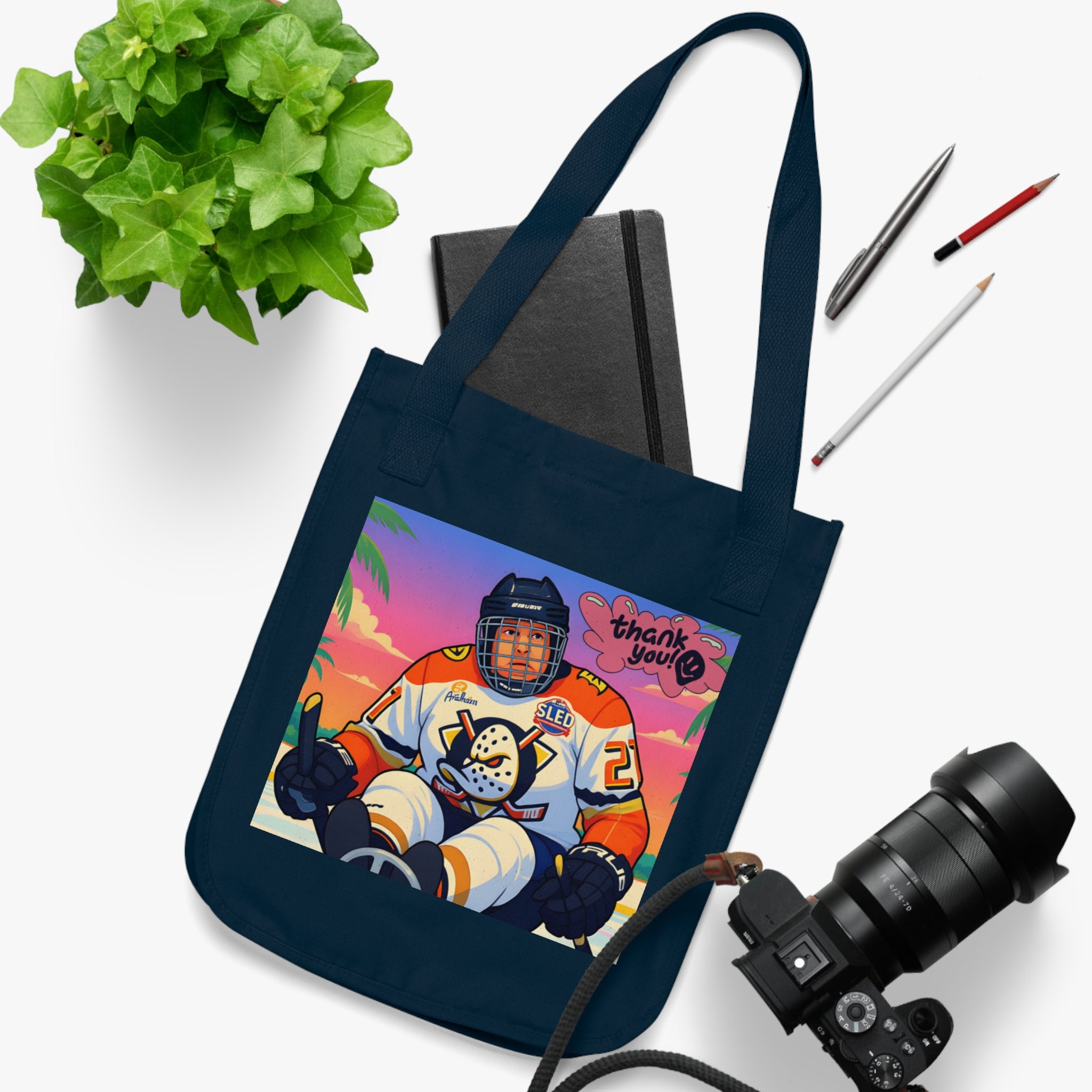 Tote Bag — Retro Hockey Player Illustration "Thank You" Canvas Tote