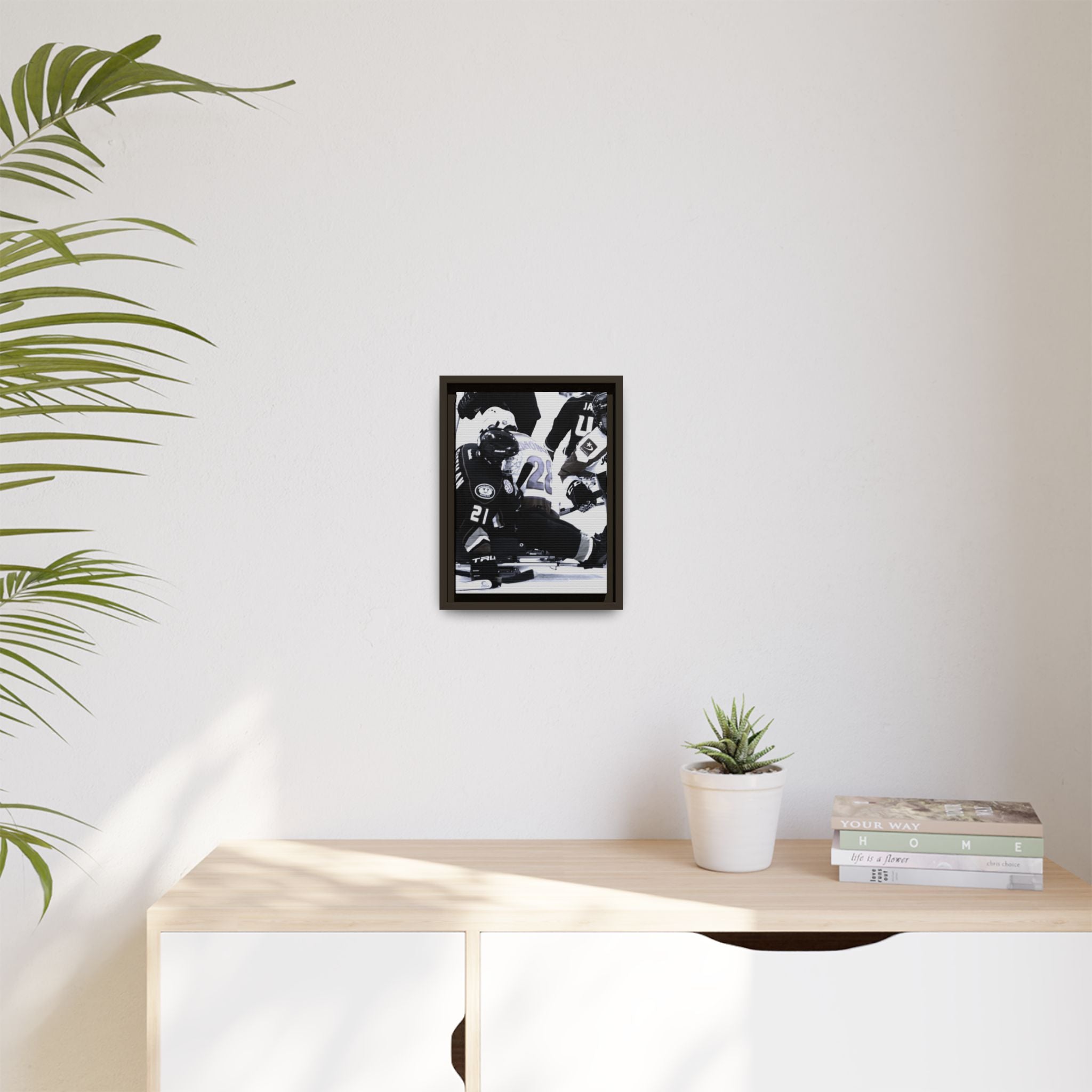 Framed Hockey Action Matte Canvas Print — Black & White Sports Wall Art