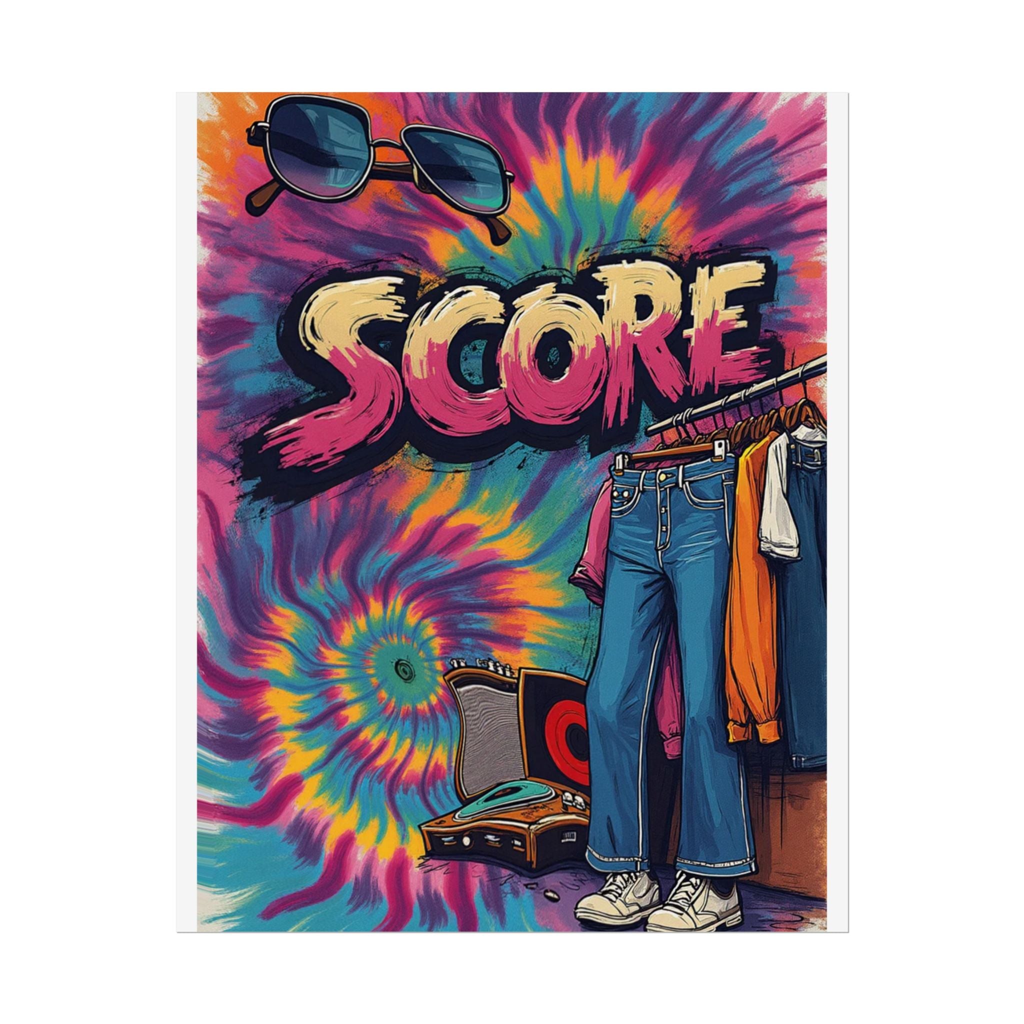 Score Tie-Dye Retro Poster — Vintage 70s Clothes & Record Player Wall Art