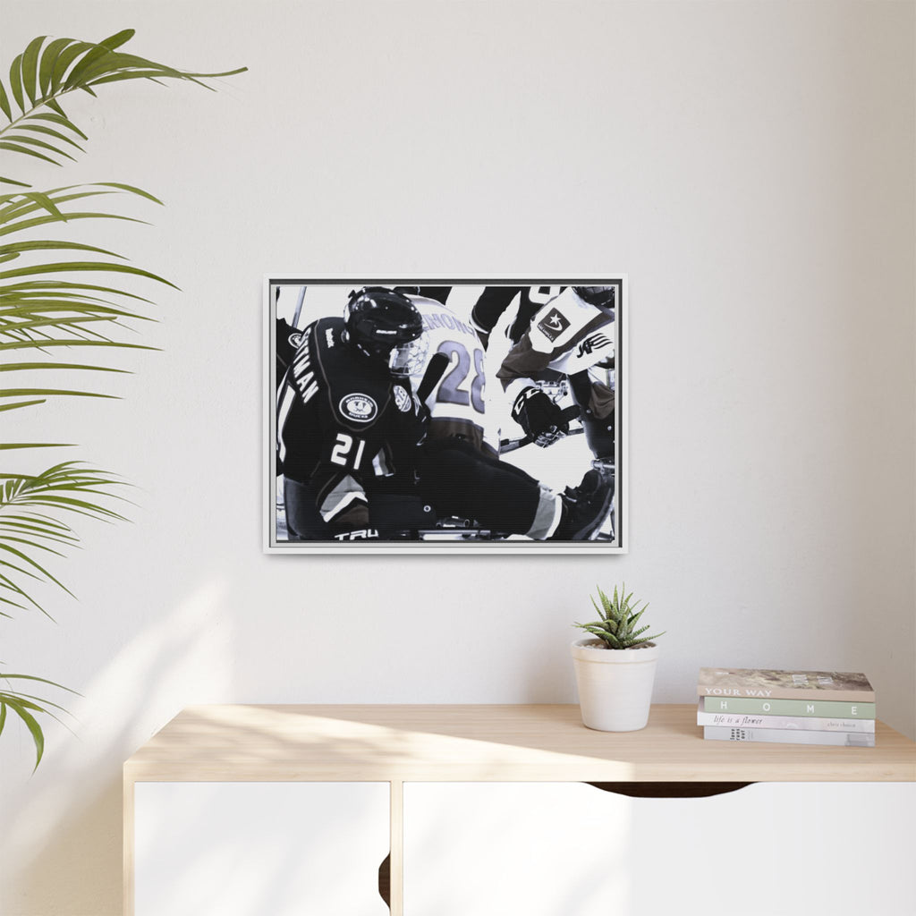 Framed Hockey Action Matte Canvas Print — Black & White Sports Wall Art