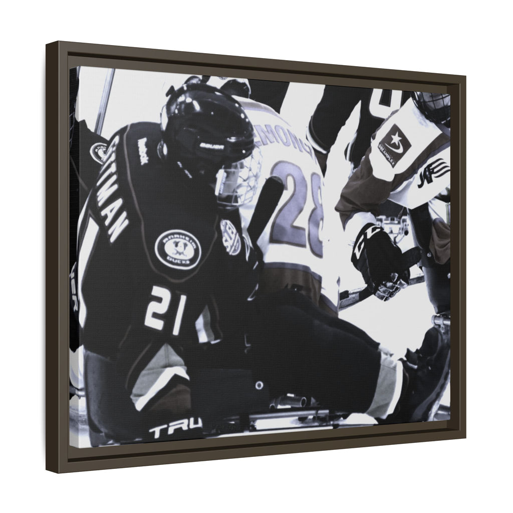 Framed Hockey Action Matte Canvas Print — Black & White Sports Wall Art