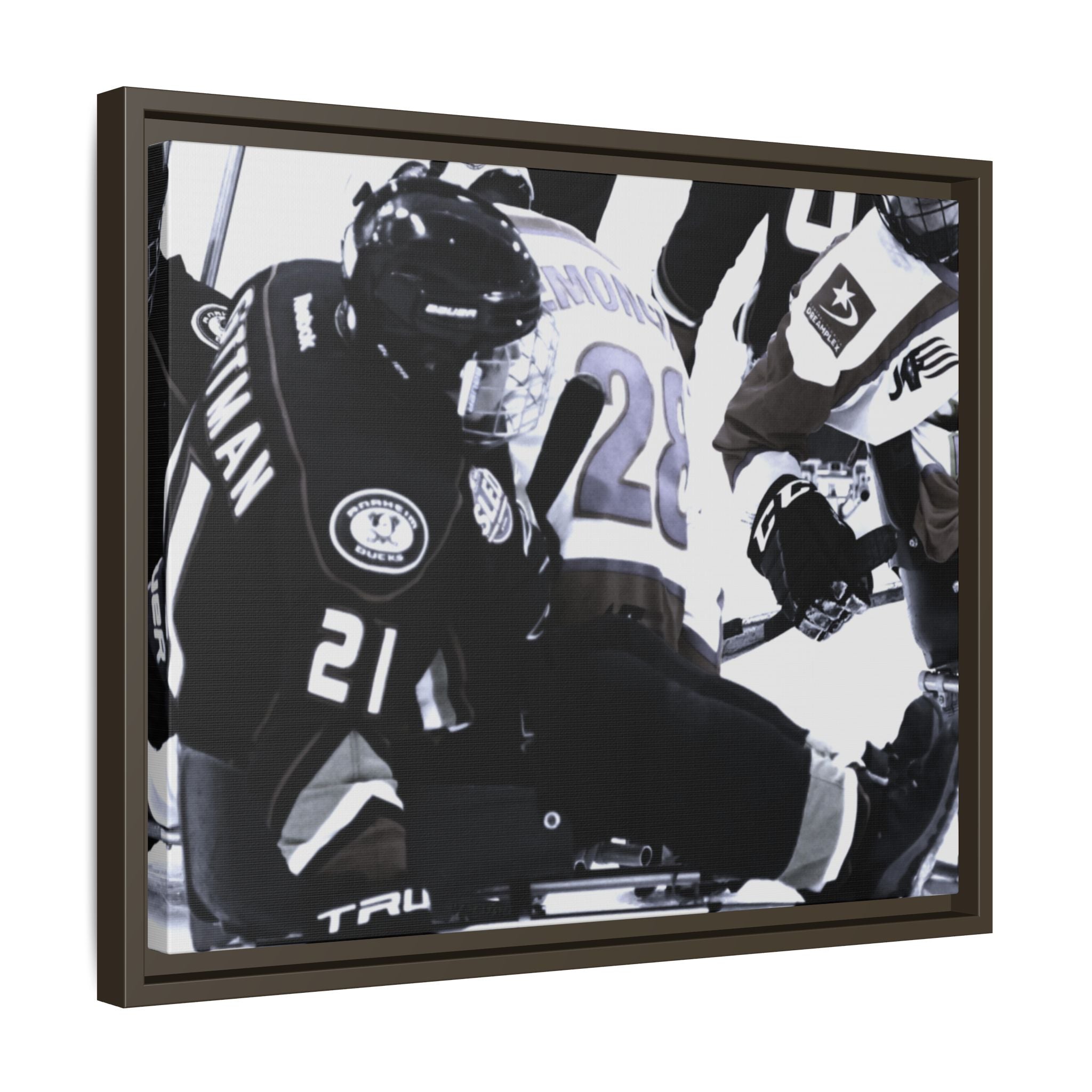 Framed Hockey Action Matte Canvas Print — Black & White Sports Wall Art