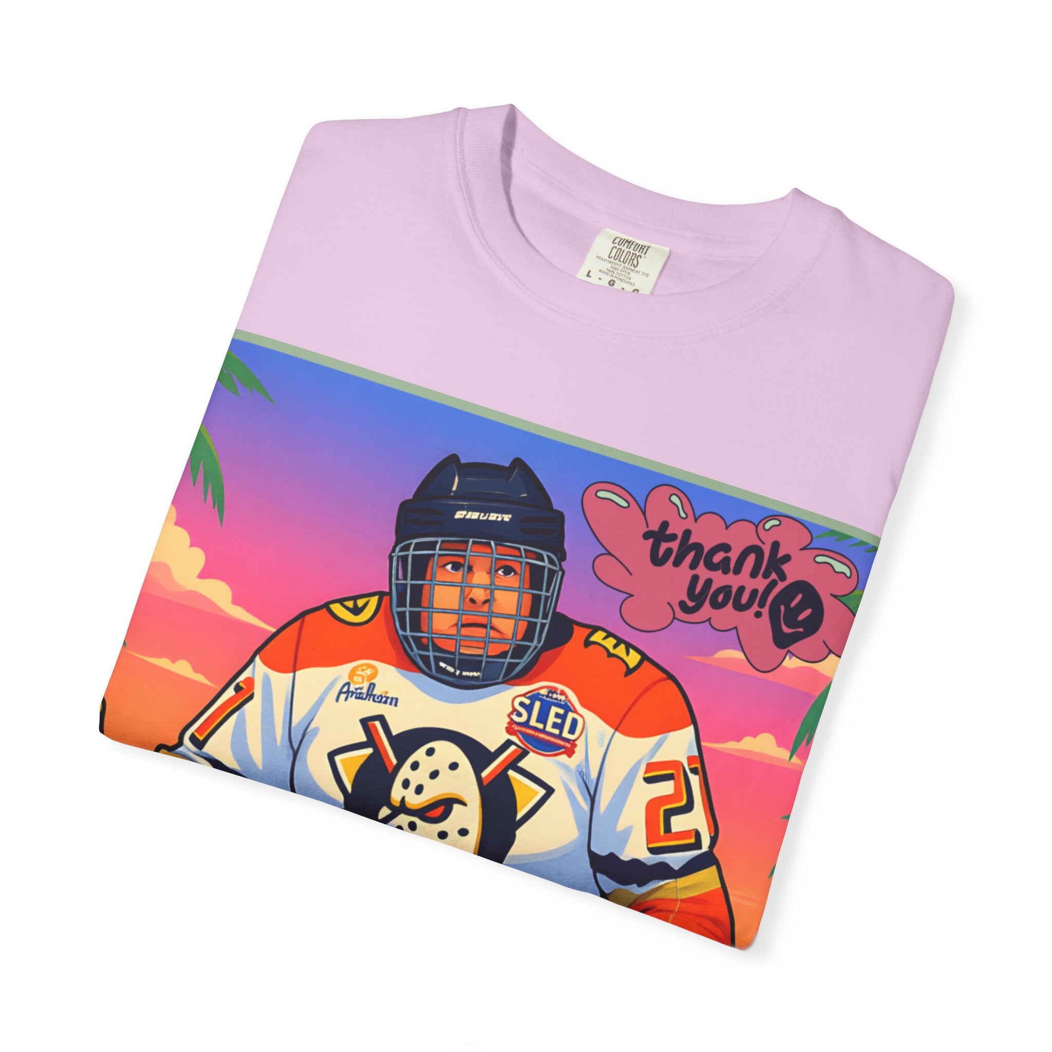 Hockey Tropics T‑Shirt — Sled Hockey Player with "Thank You" Graphic