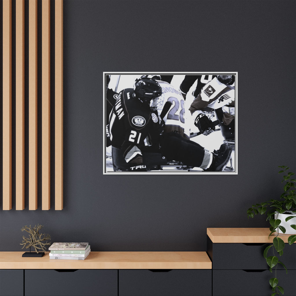 Framed Hockey Action Matte Canvas Print — Black & White Sports Wall Art
