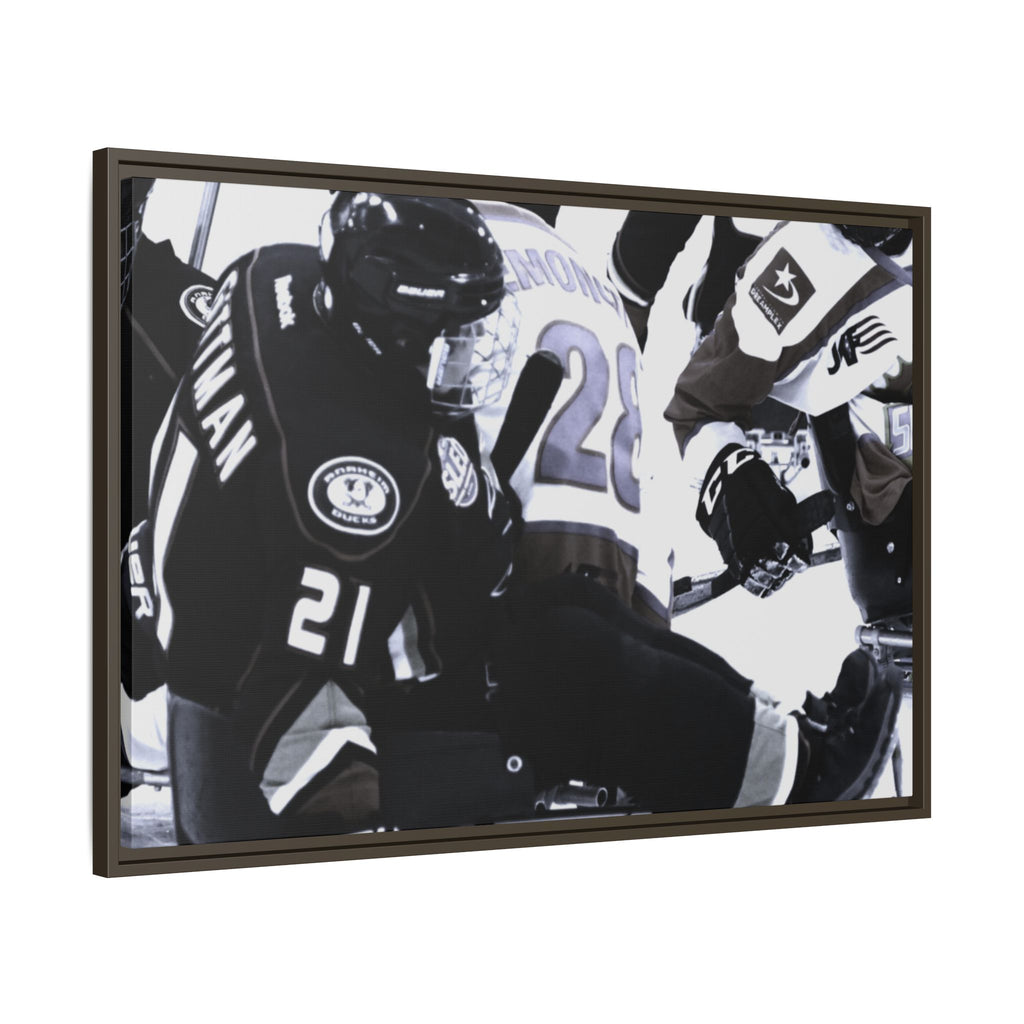 Framed Hockey Action Matte Canvas Print — Black & White Sports Wall Art