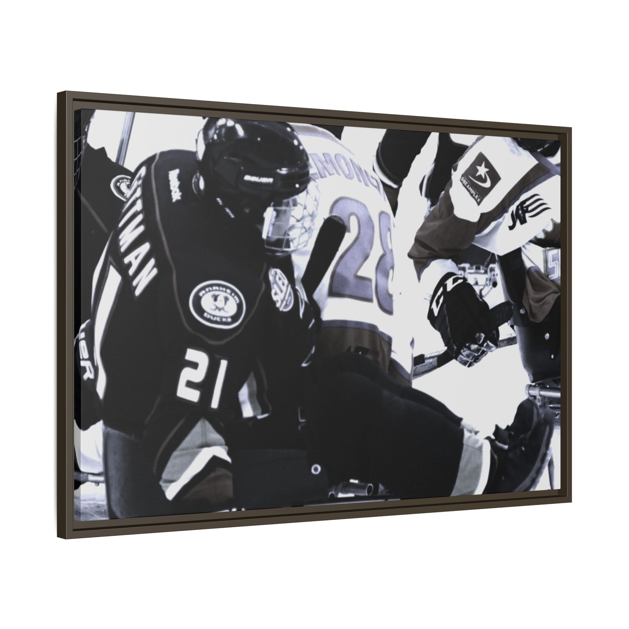 Framed Hockey Action Matte Canvas Print — Black & White Sports Wall Art