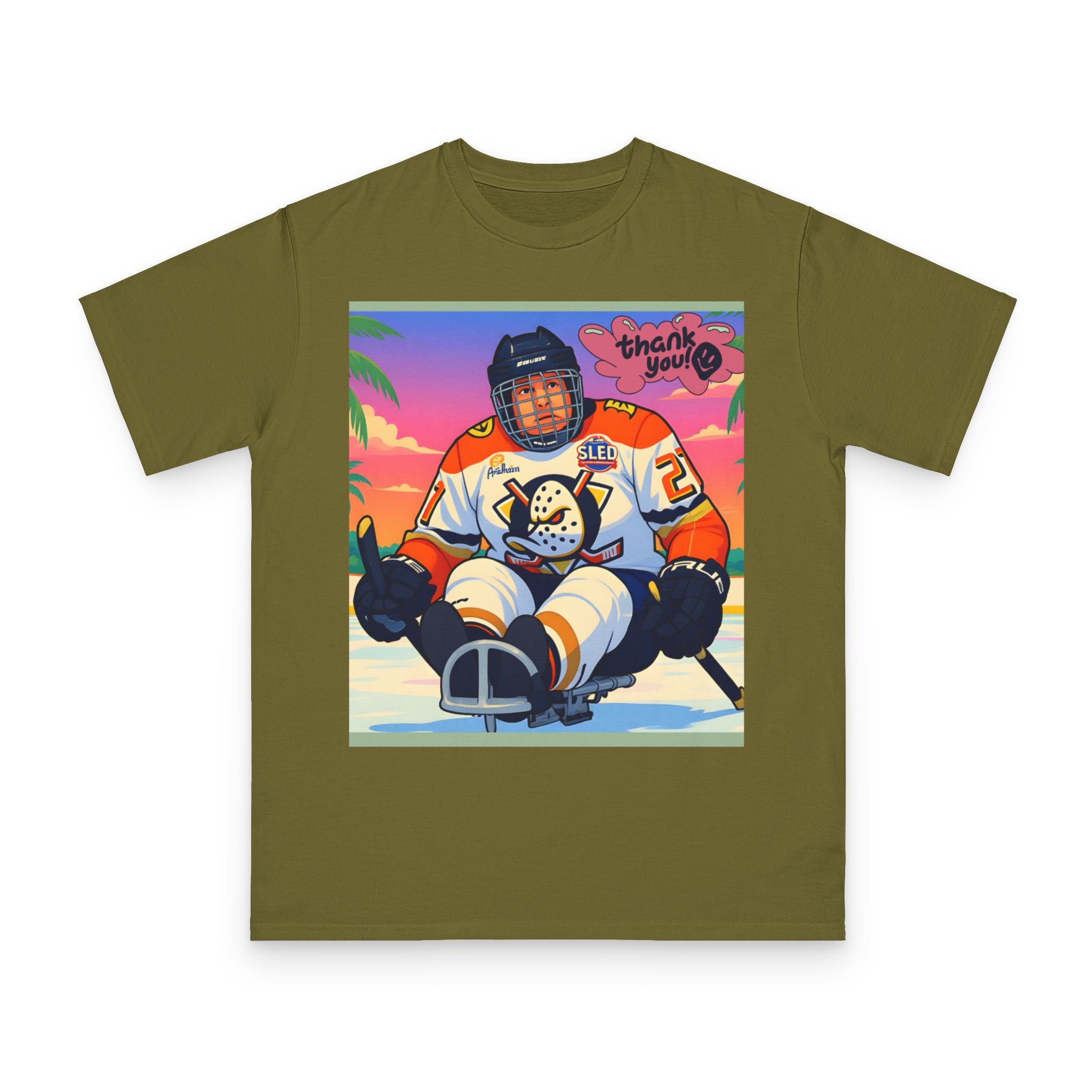 Hockey Sled Player Retro Sunset T-Shirt — 'thank you' Graphic
