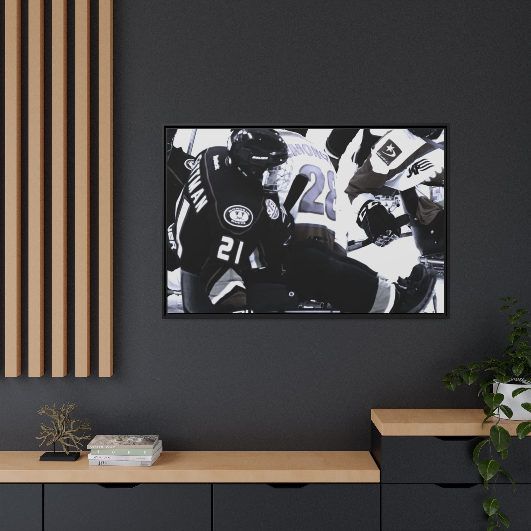 Framed Hockey Action Matte Canvas Print — Black & White Sports Wall Art