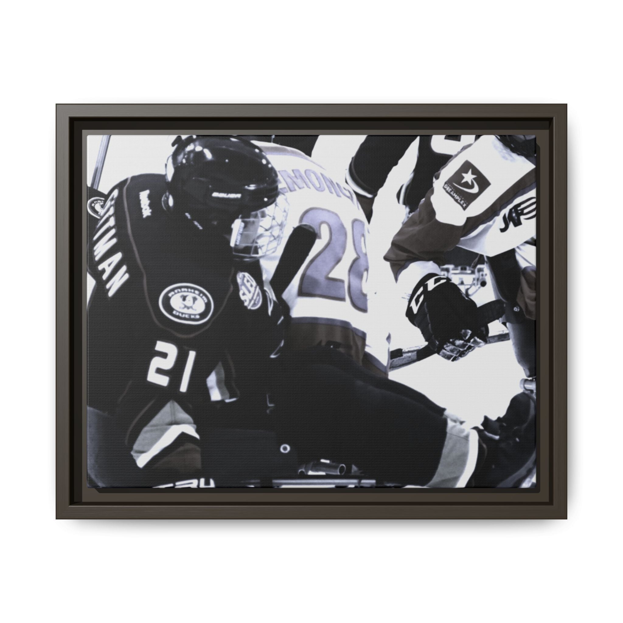 Framed Hockey Action Matte Canvas Print — Black & White Sports Wall Art
