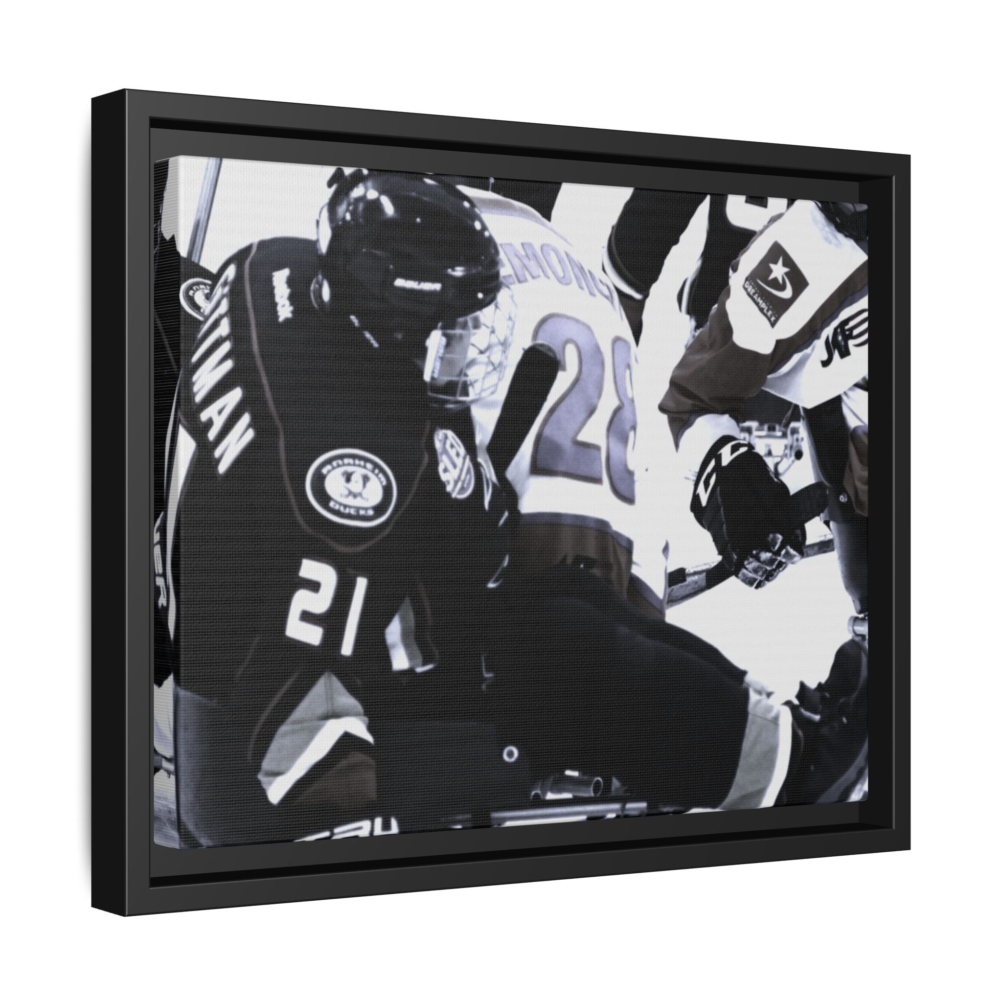 Framed Hockey Action Matte Canvas Print — Black & White Sports Wall Art