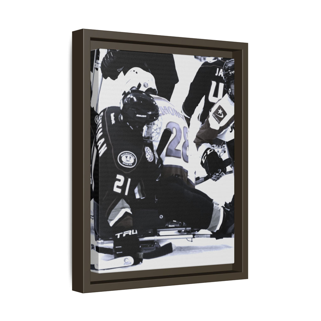Framed Hockey Action Matte Canvas Print — Black & White Sports Wall Art