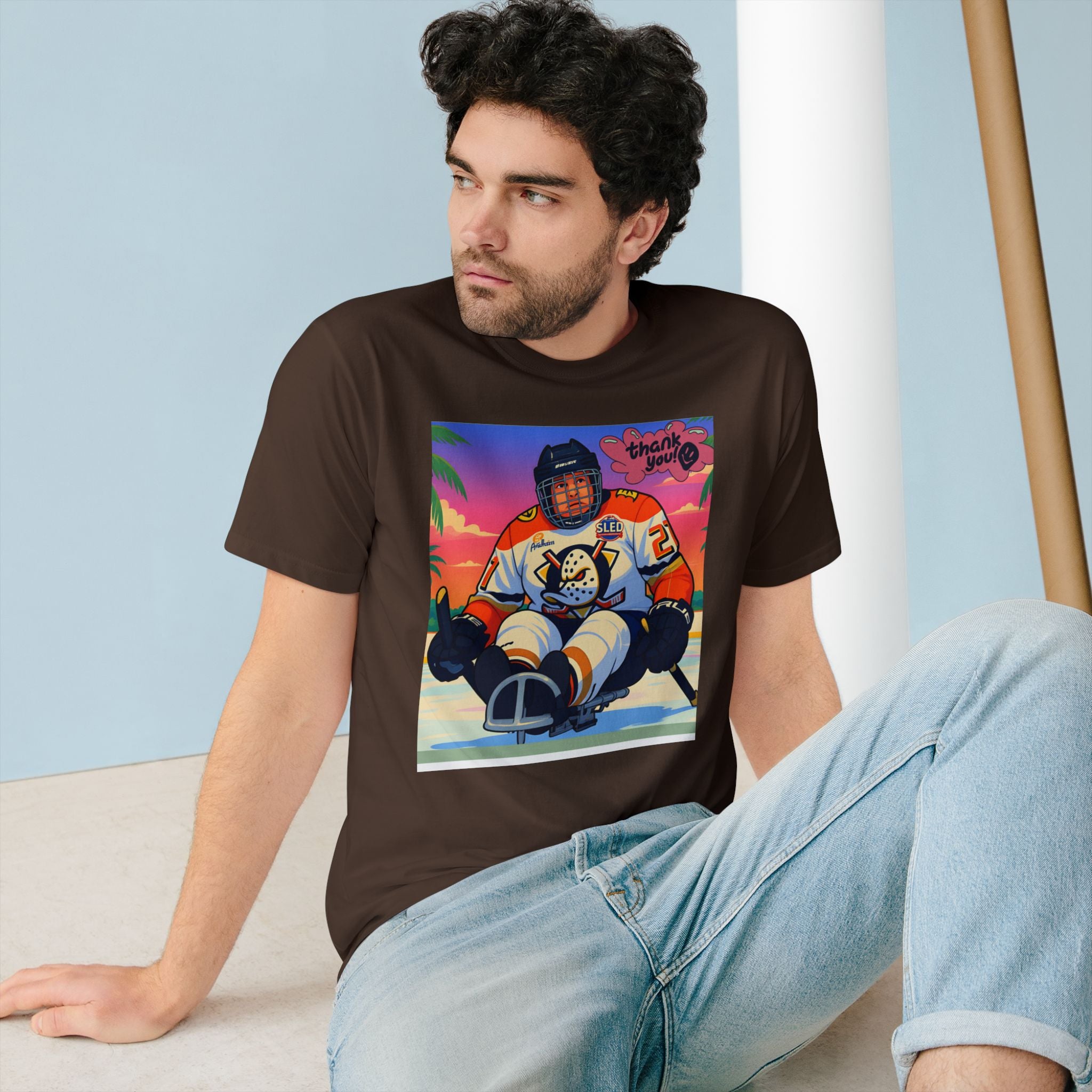 Hockey Sled Player Graphic T-Shirt — "Thank You" Retro Beach Vibe