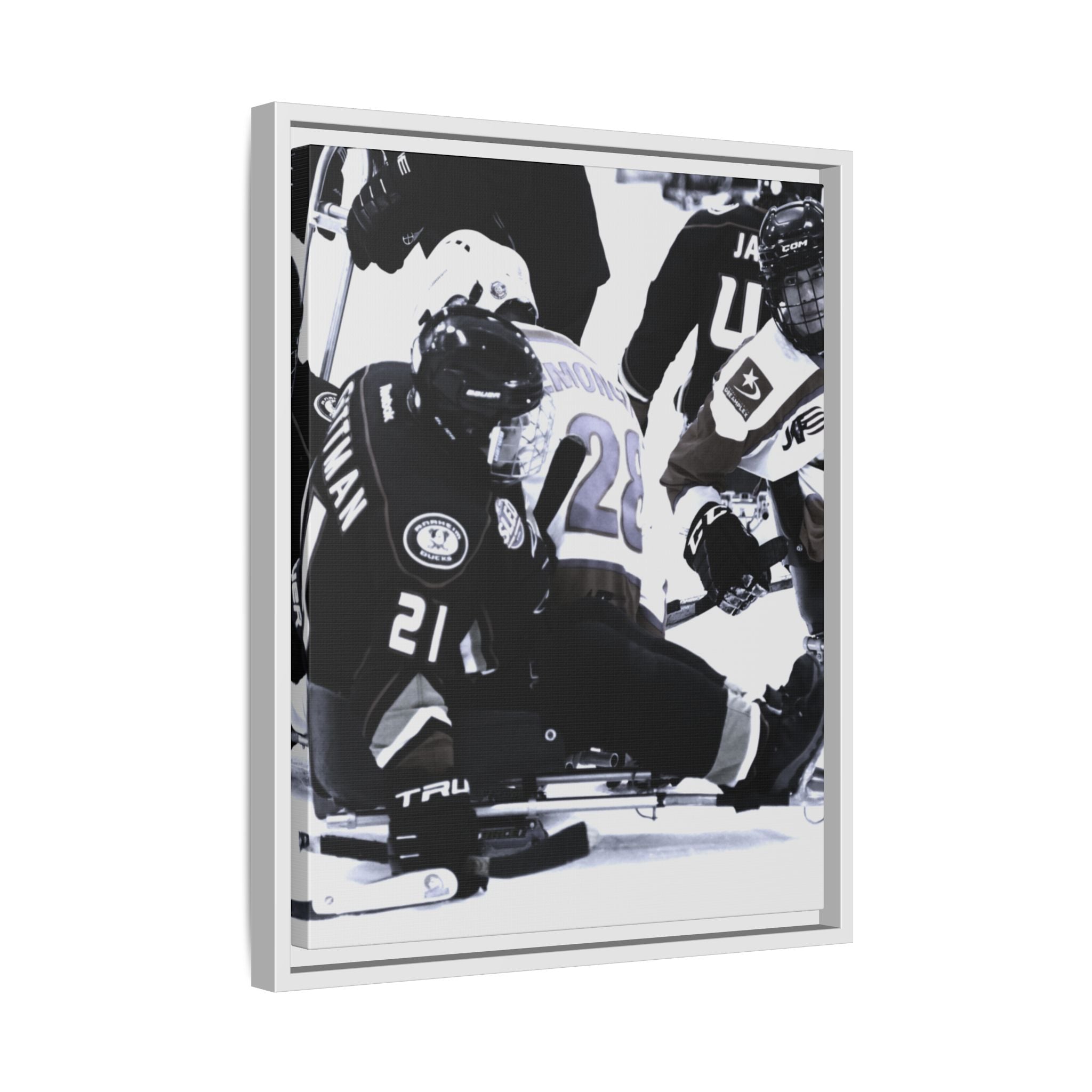 Framed Hockey Action Matte Canvas Print — Black & White Sports Wall Art