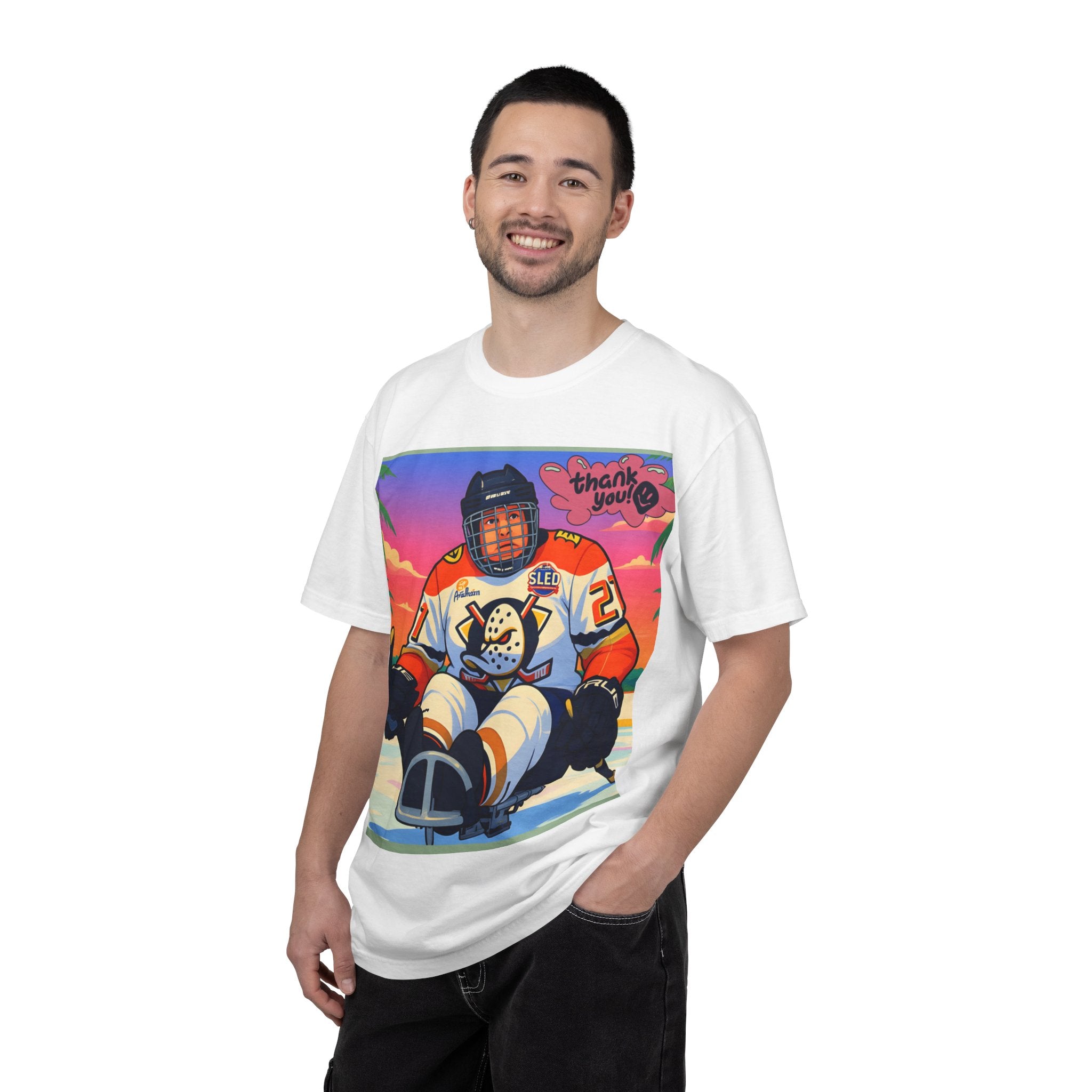 Hockey Tropics T‑Shirt — Sled Hockey Player with "Thank You" Graphic
