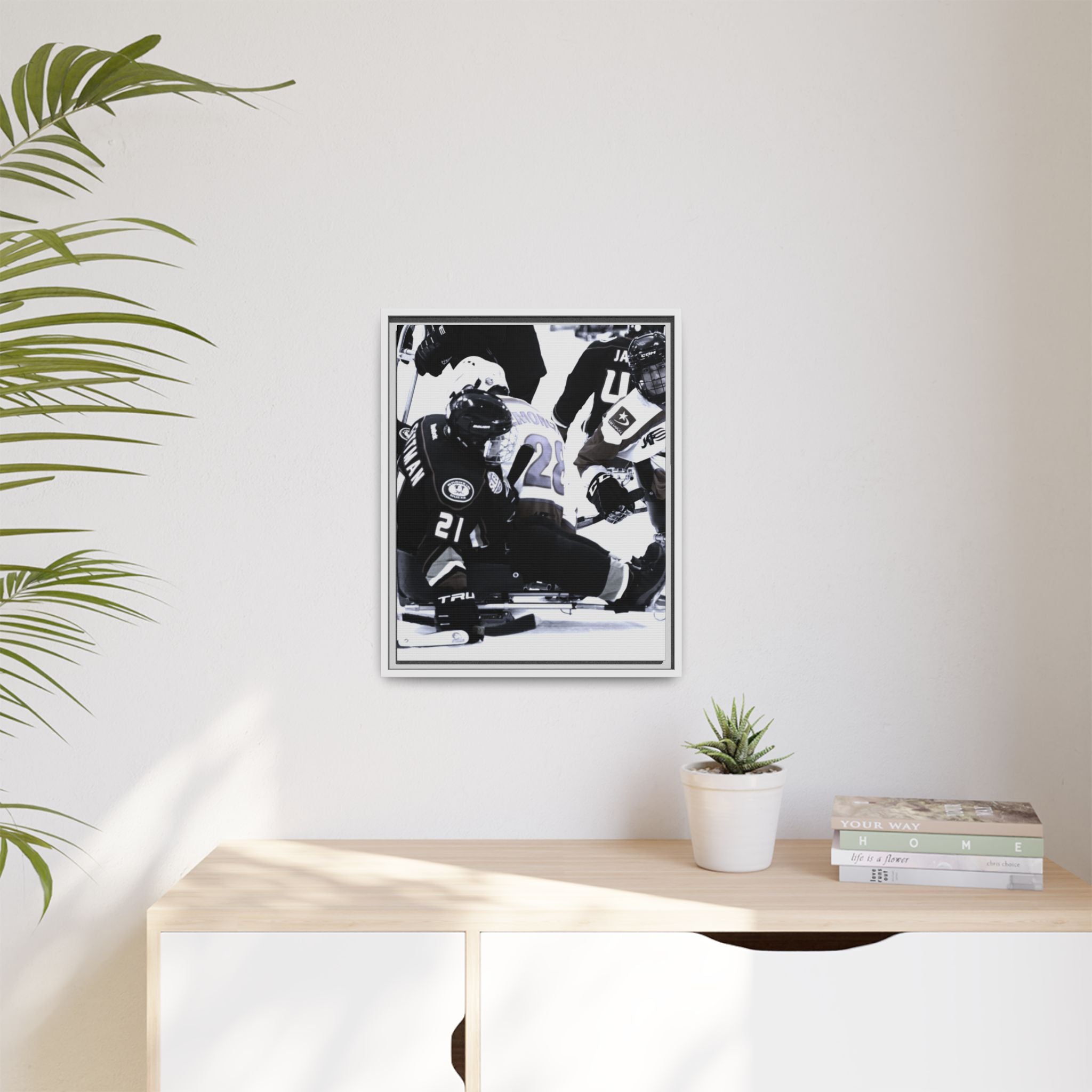 Framed Hockey Action Matte Canvas Print — Black & White Sports Wall Art