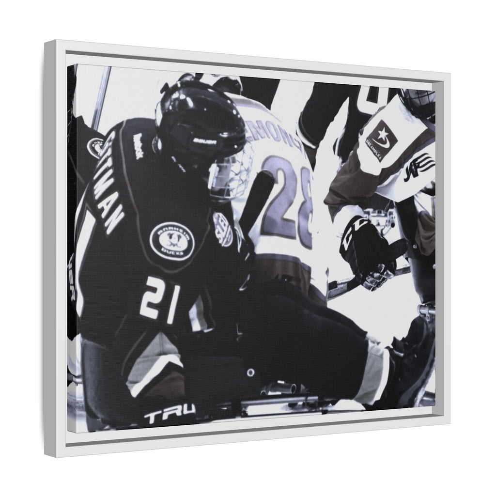Framed Hockey Action Matte Canvas Print — Black & White Sports Wall Art