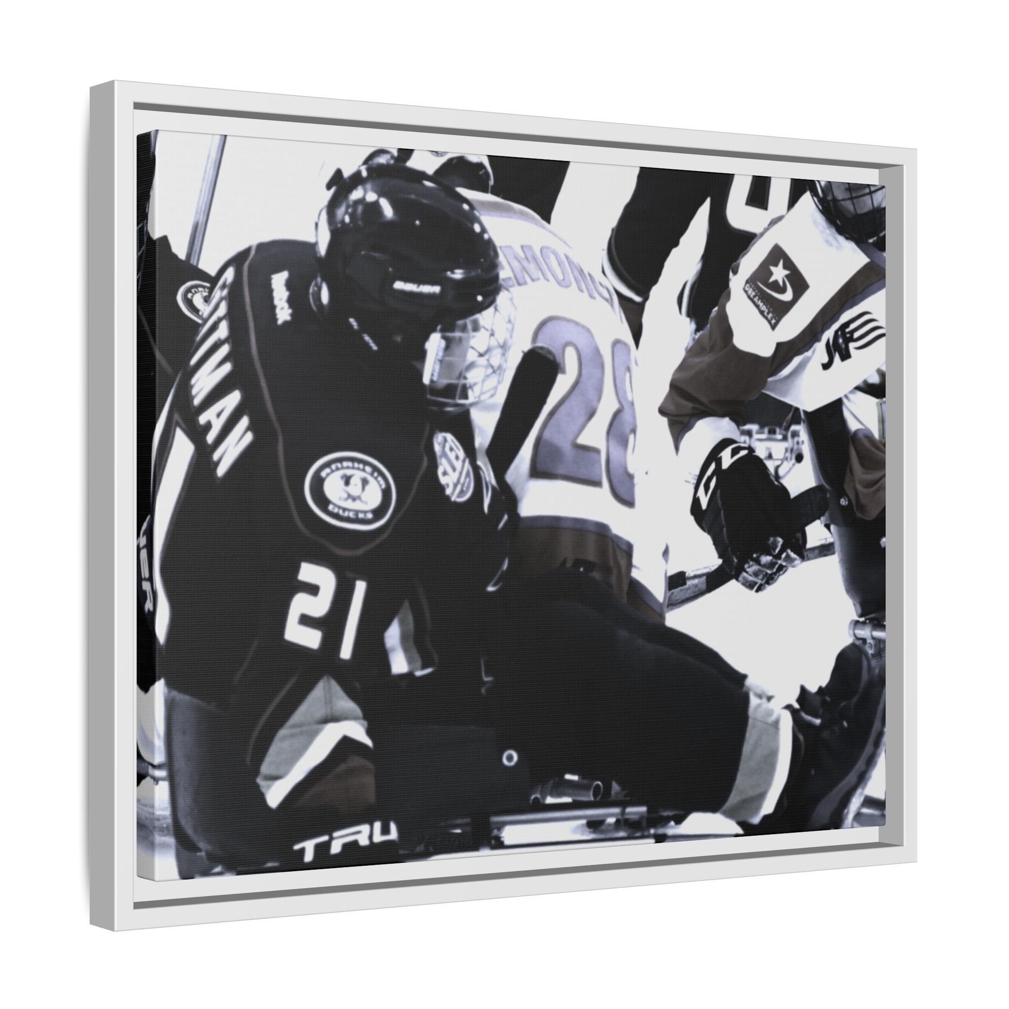 Framed Hockey Action Matte Canvas Print — Black & White Sports Wall Art