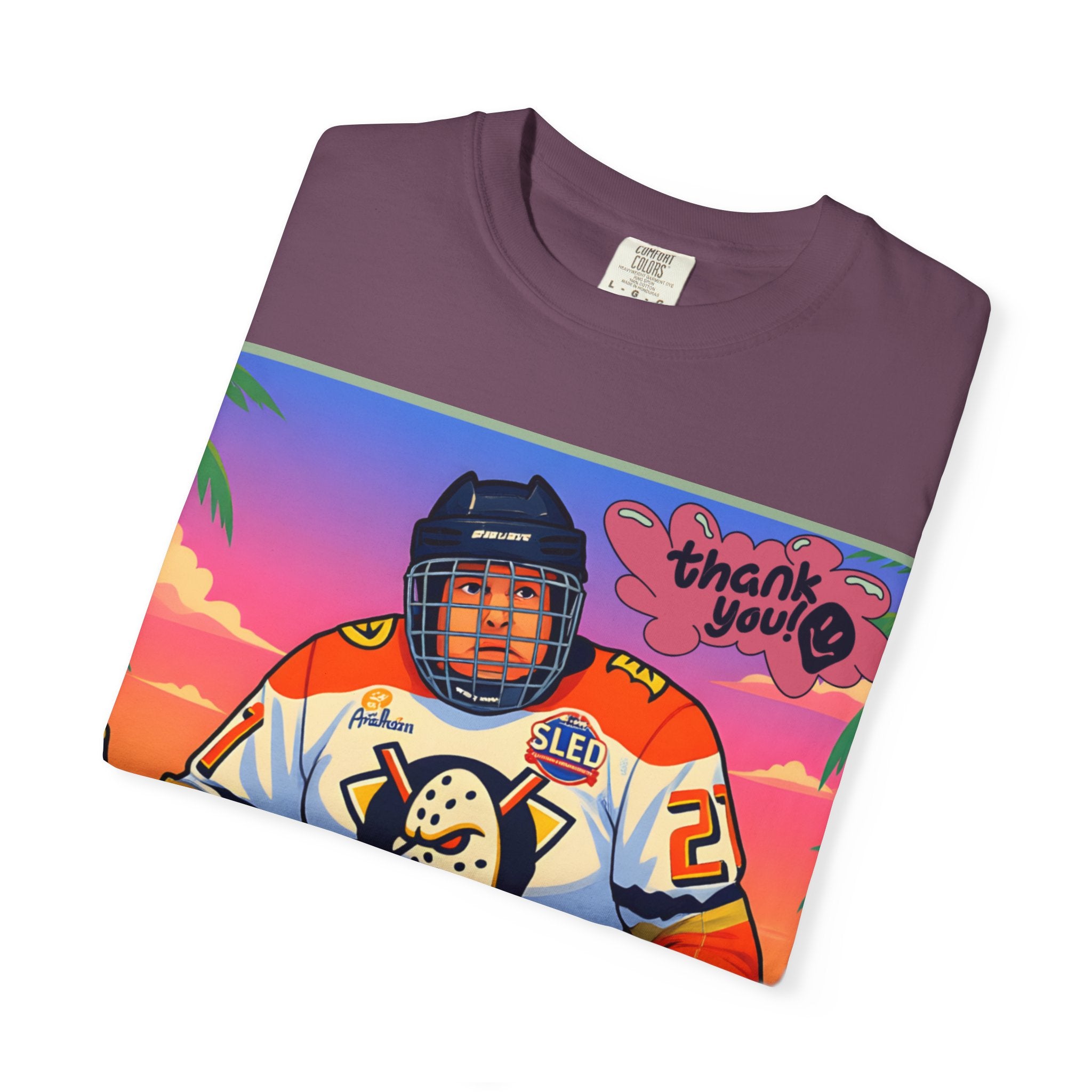 Hockey Tropics T‑Shirt — Sled Hockey Player with "Thank You" Graphic