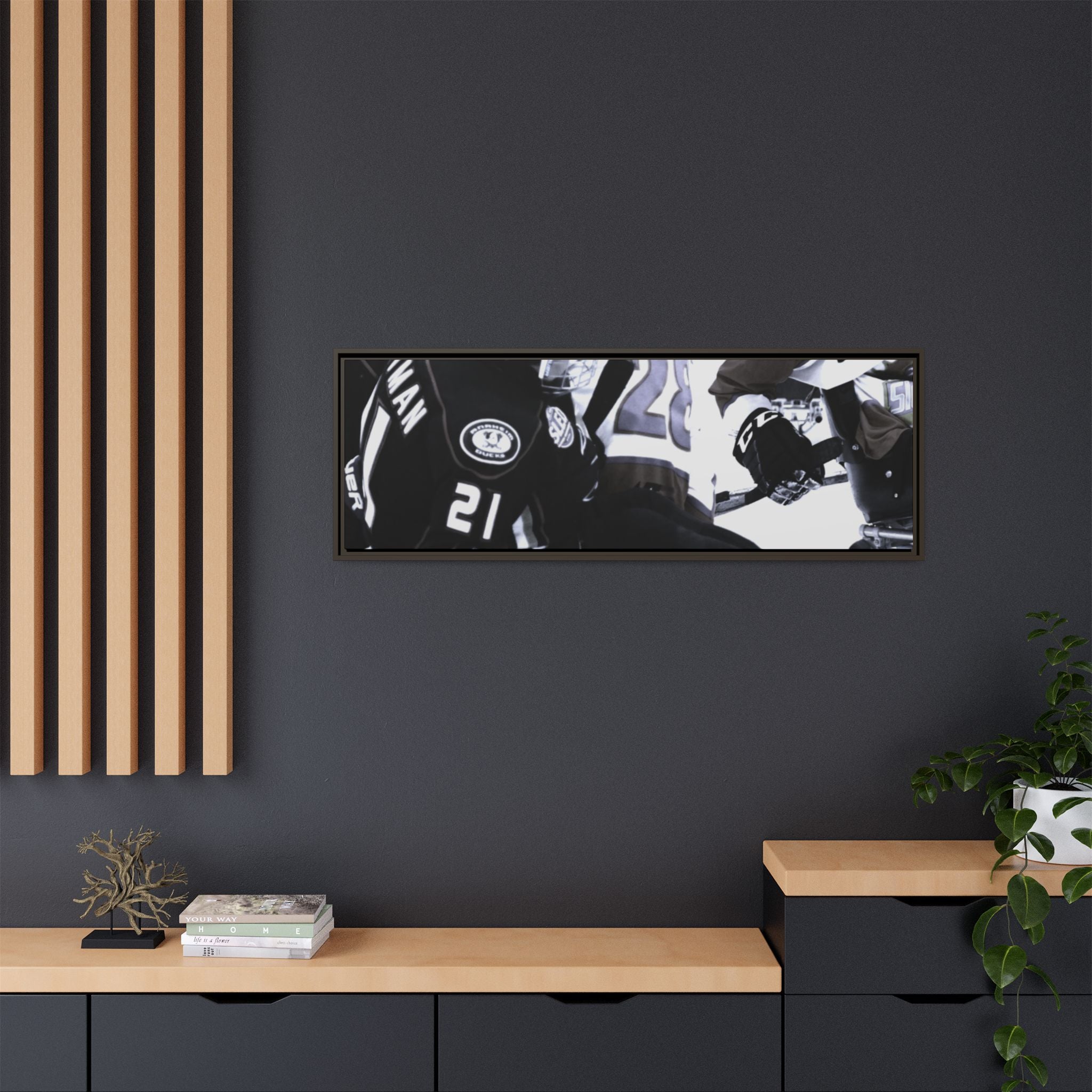 Framed Hockey Action Matte Canvas Print — Black & White Sports Wall Art