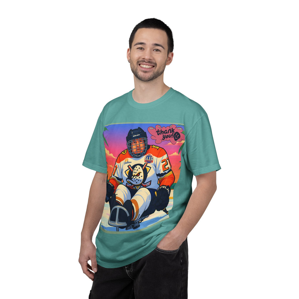 Hockey Tropics T‑Shirt — Sled Hockey Player with "Thank You" Graphic