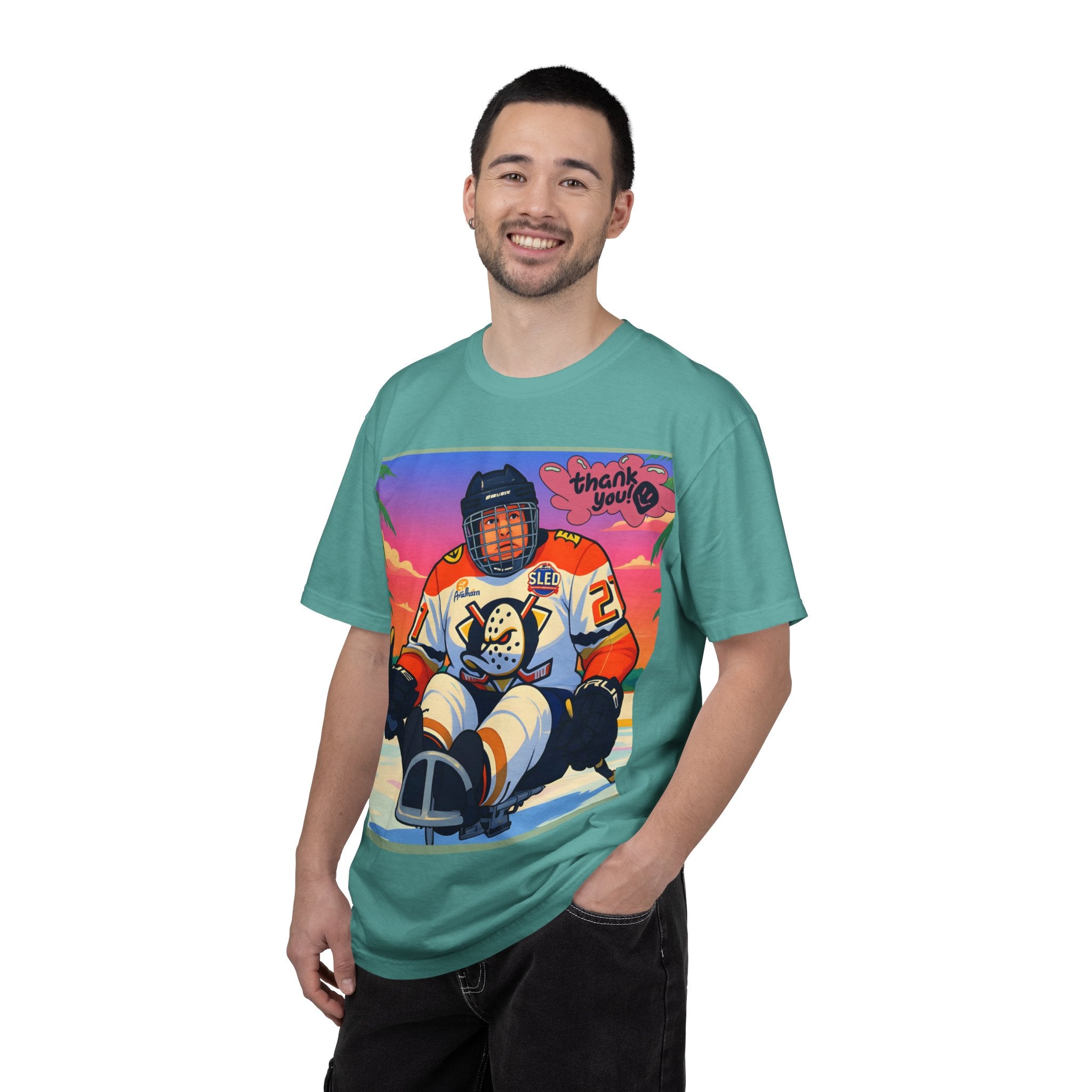 Hockey Tropics T‑Shirt — Sled Hockey Player with "Thank You" Graphic