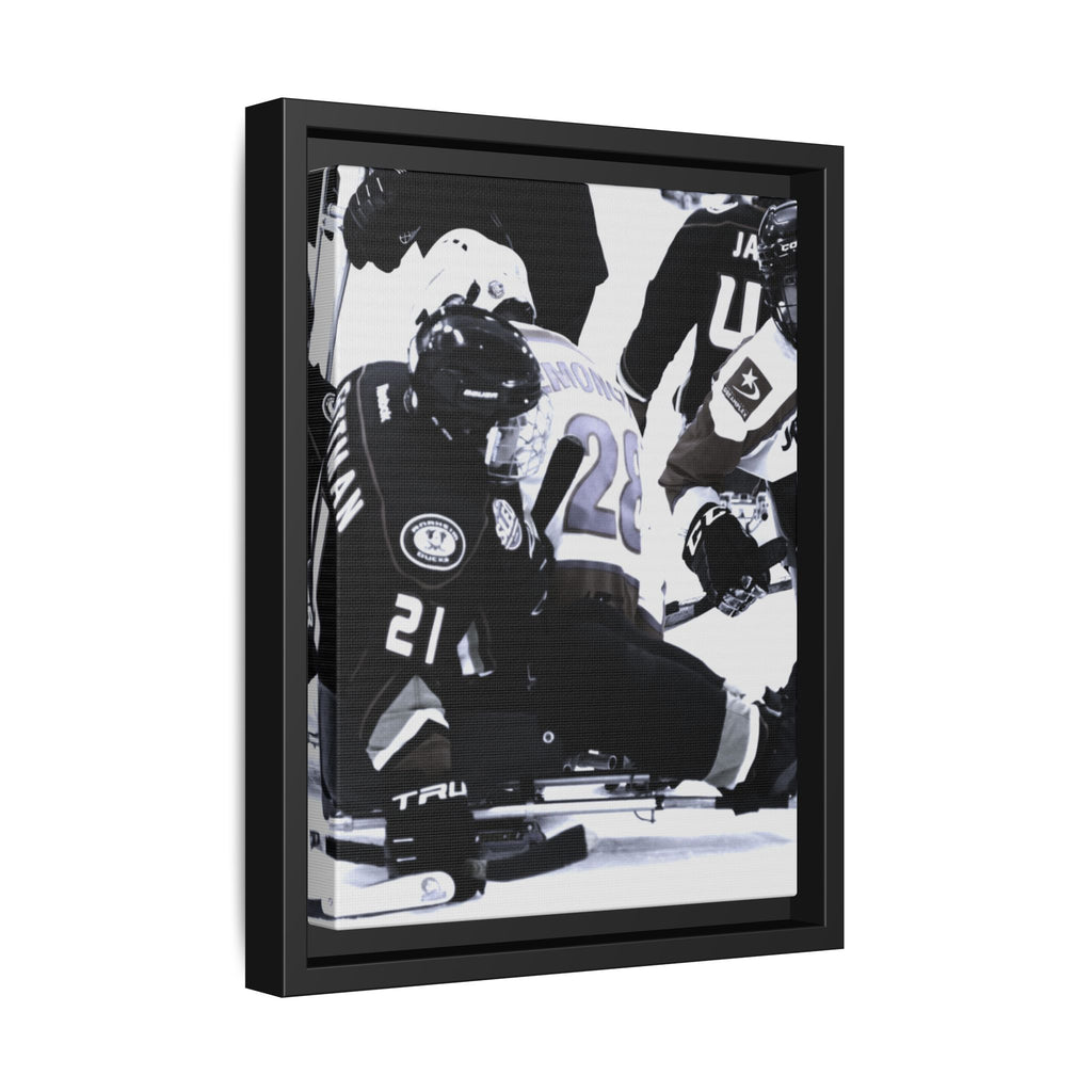 Framed Hockey Action Matte Canvas Print — Black & White Sports Wall Art