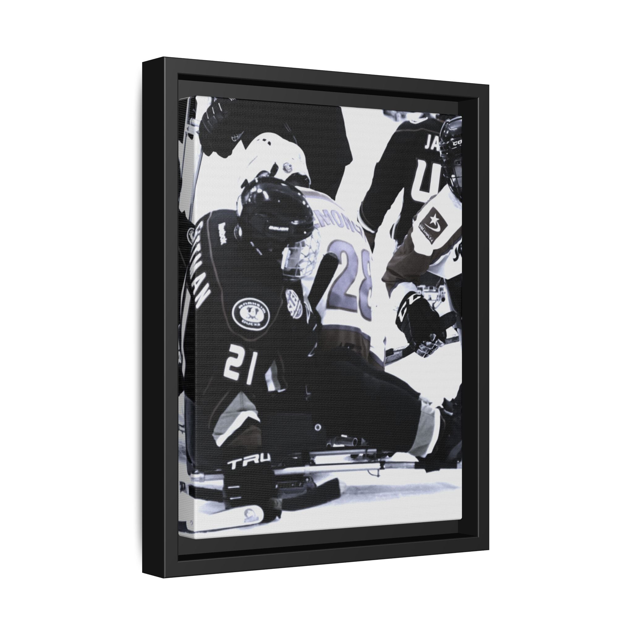 Framed Hockey Action Matte Canvas Print — Black & White Sports Wall Art