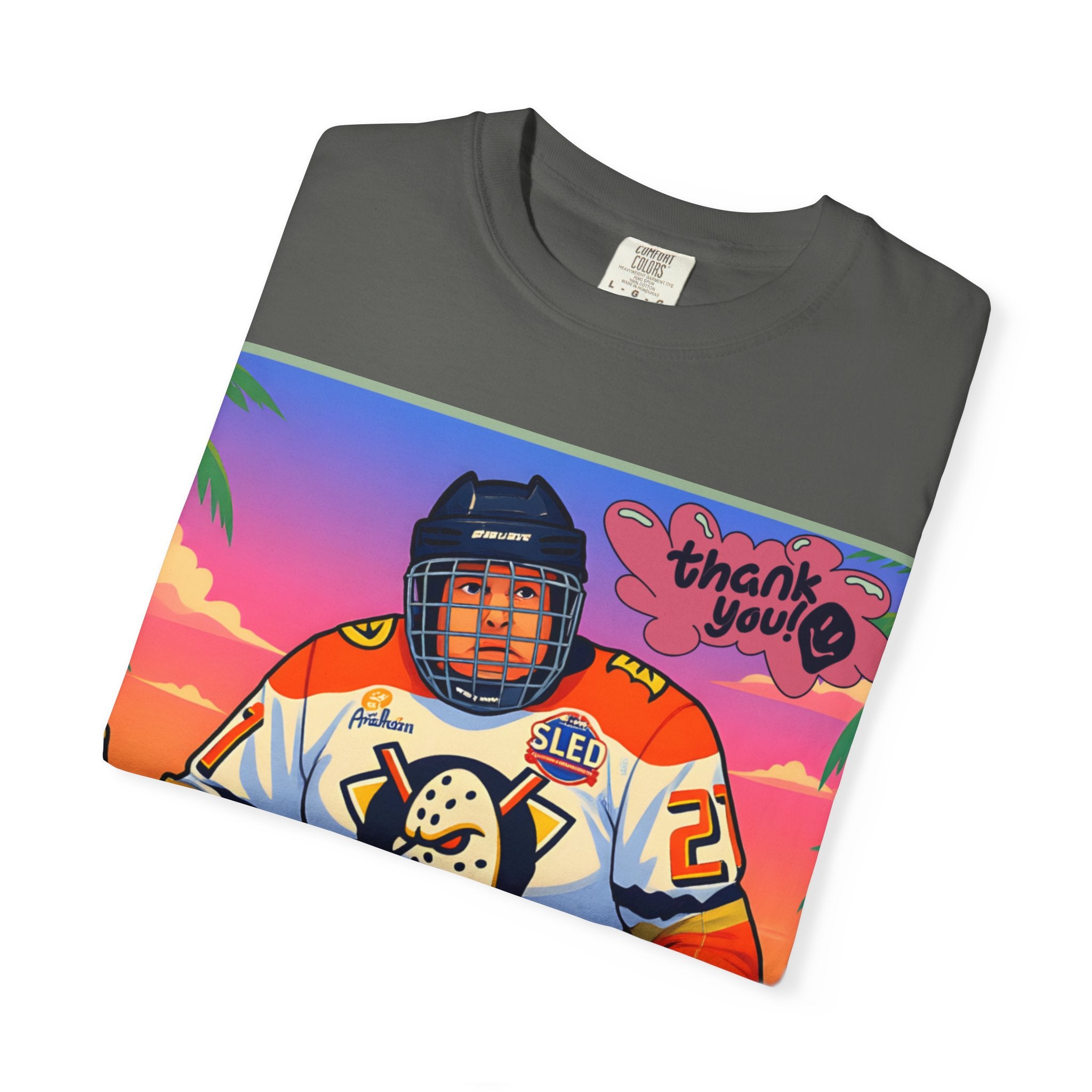 Hockey Tropics T‑Shirt — Sled Hockey Player with "Thank You" Graphic