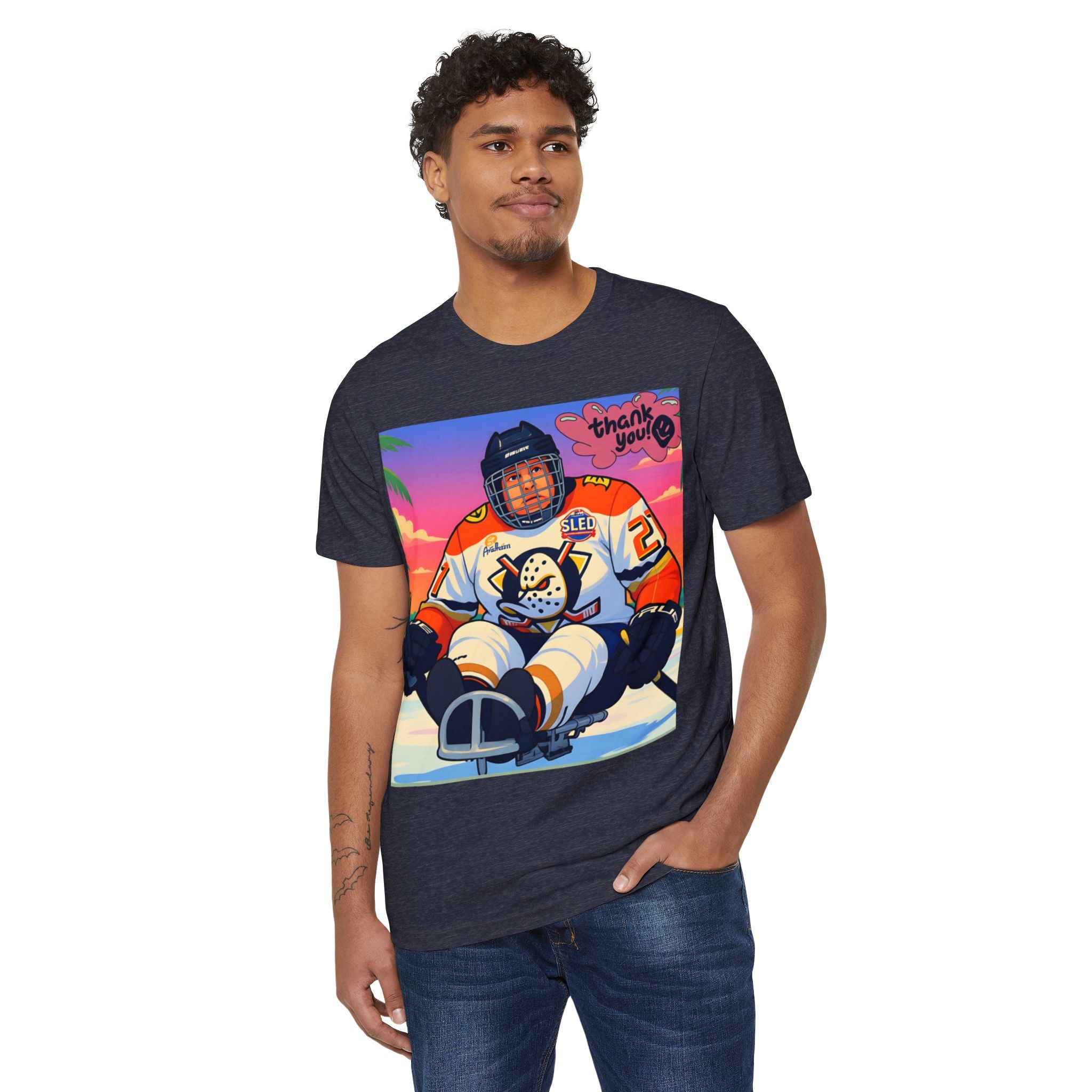 Sled Hockey Player "Thank You" Tee — Retro Sunset Adaptive Sports T-Shirt