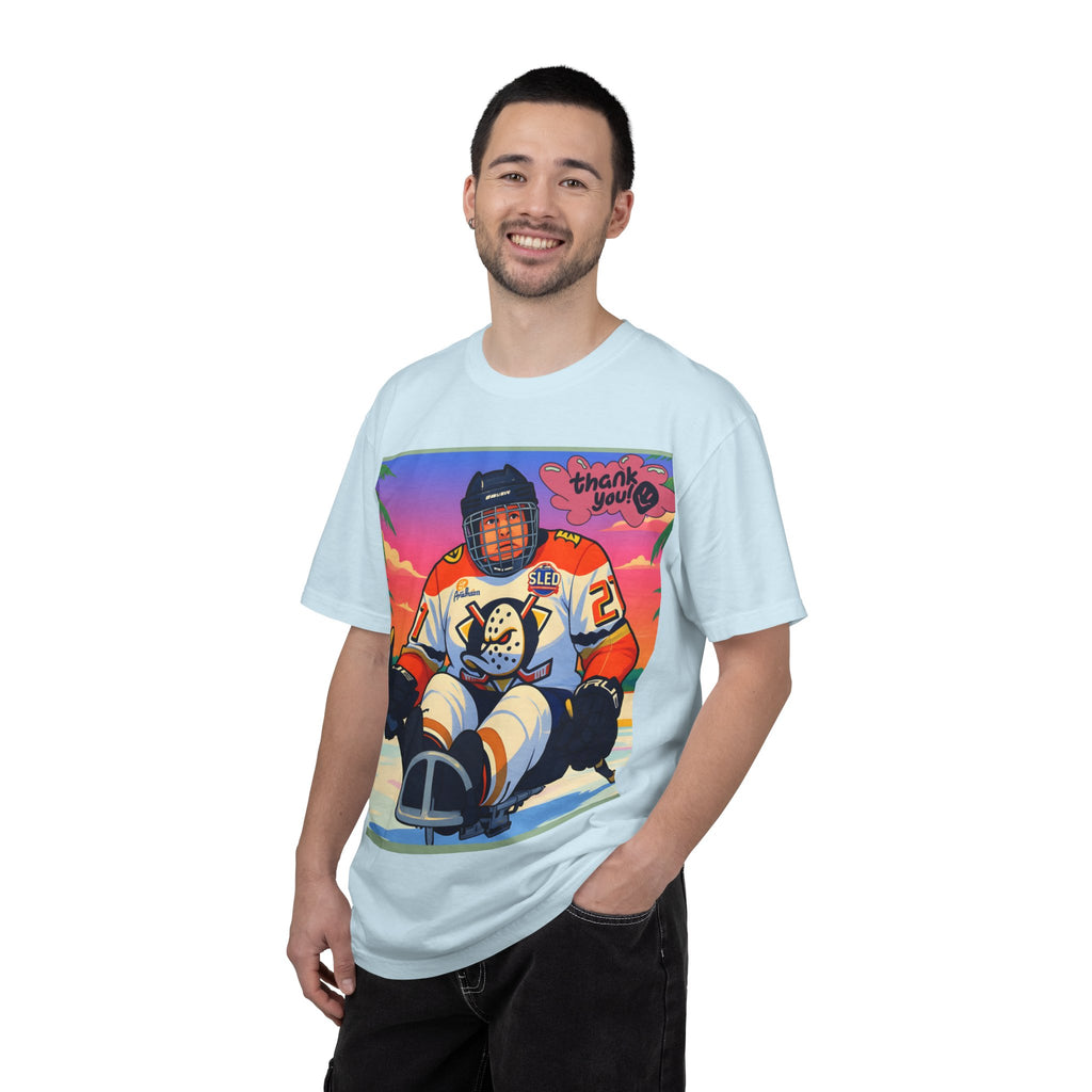 Hockey Tropics T‑Shirt — Sled Hockey Player with "Thank You" Graphic