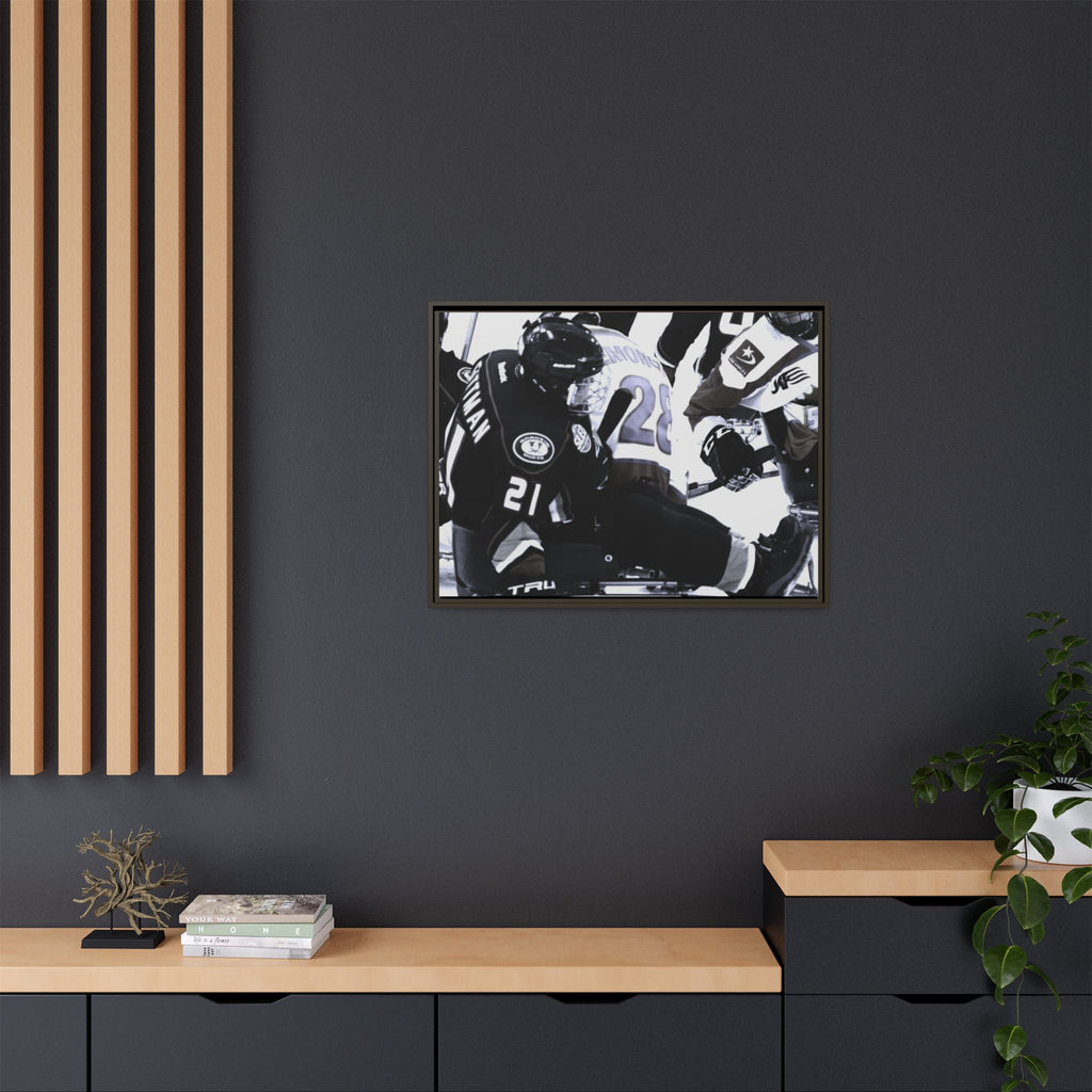 Framed Hockey Action Matte Canvas Print — Black & White Sports Wall Art