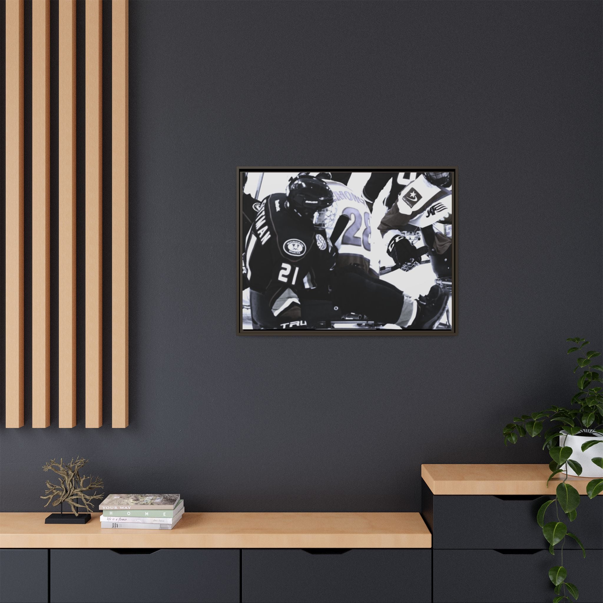 Framed Hockey Action Matte Canvas Print — Black & White Sports Wall Art