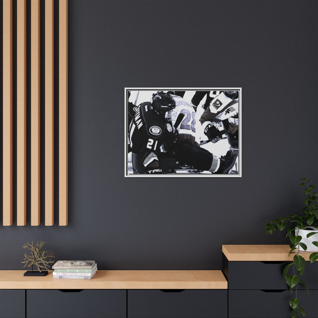 Framed Hockey Action Matte Canvas Print — Black & White Sports Wall Art