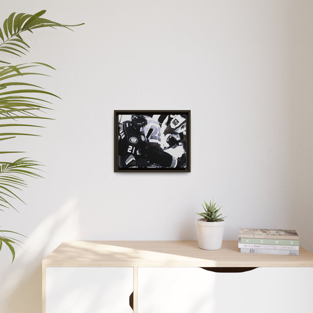 Framed Hockey Action Matte Canvas Print — Black & White Sports Wall Art