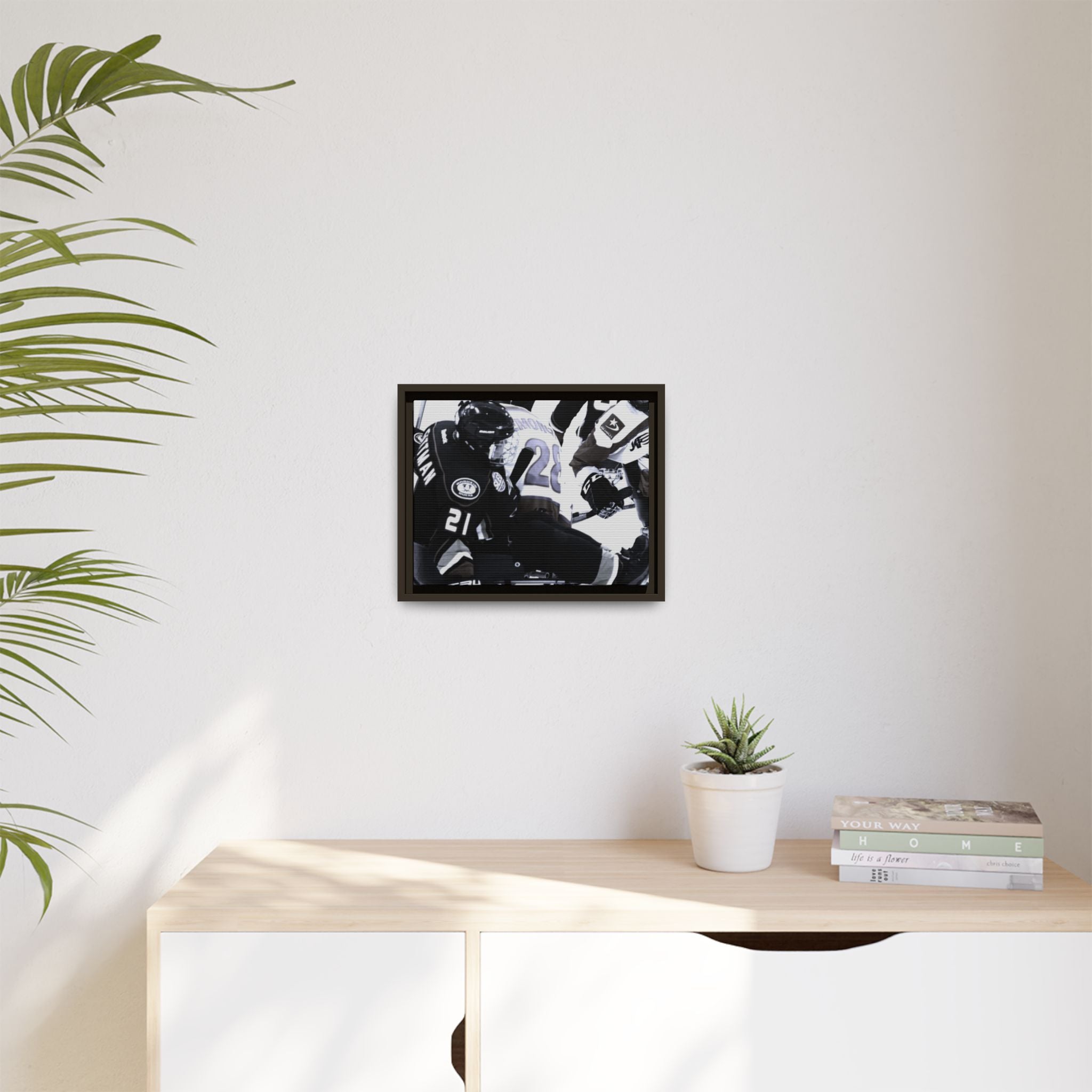Framed Hockey Action Matte Canvas Print — Black & White Sports Wall Art