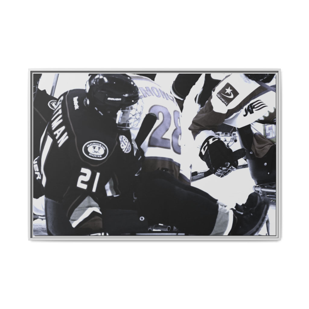 Framed Hockey Action Matte Canvas Print — Black & White Sports Wall Art