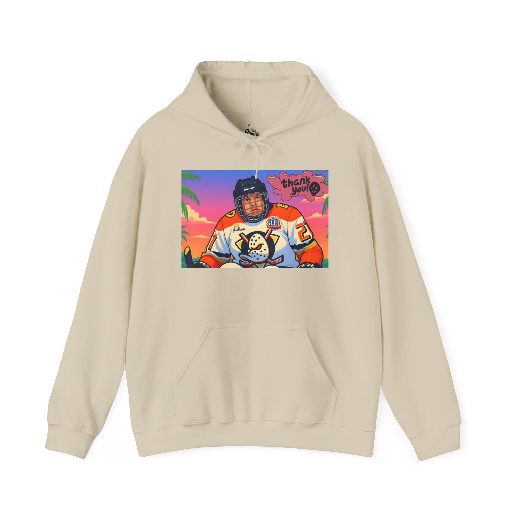Hockey Player Retro Sunset Hoodie — Vintage Anaheim Skate Jersey Graphic
