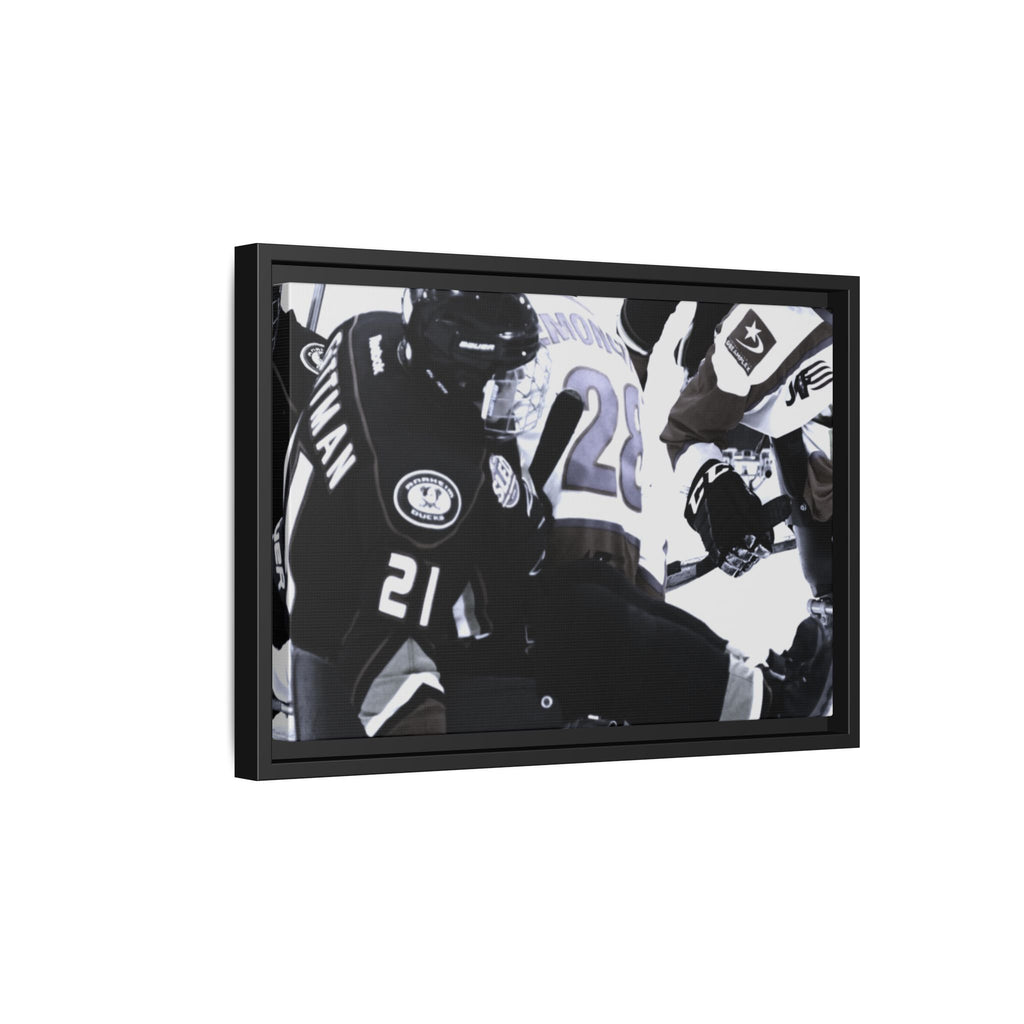 Framed Hockey Action Matte Canvas Print — Black & White Sports Wall Art