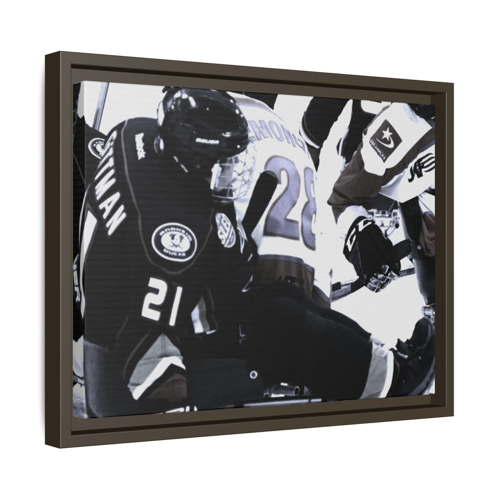 Framed Hockey Action Matte Canvas Print — Black & White Sports Wall Art
