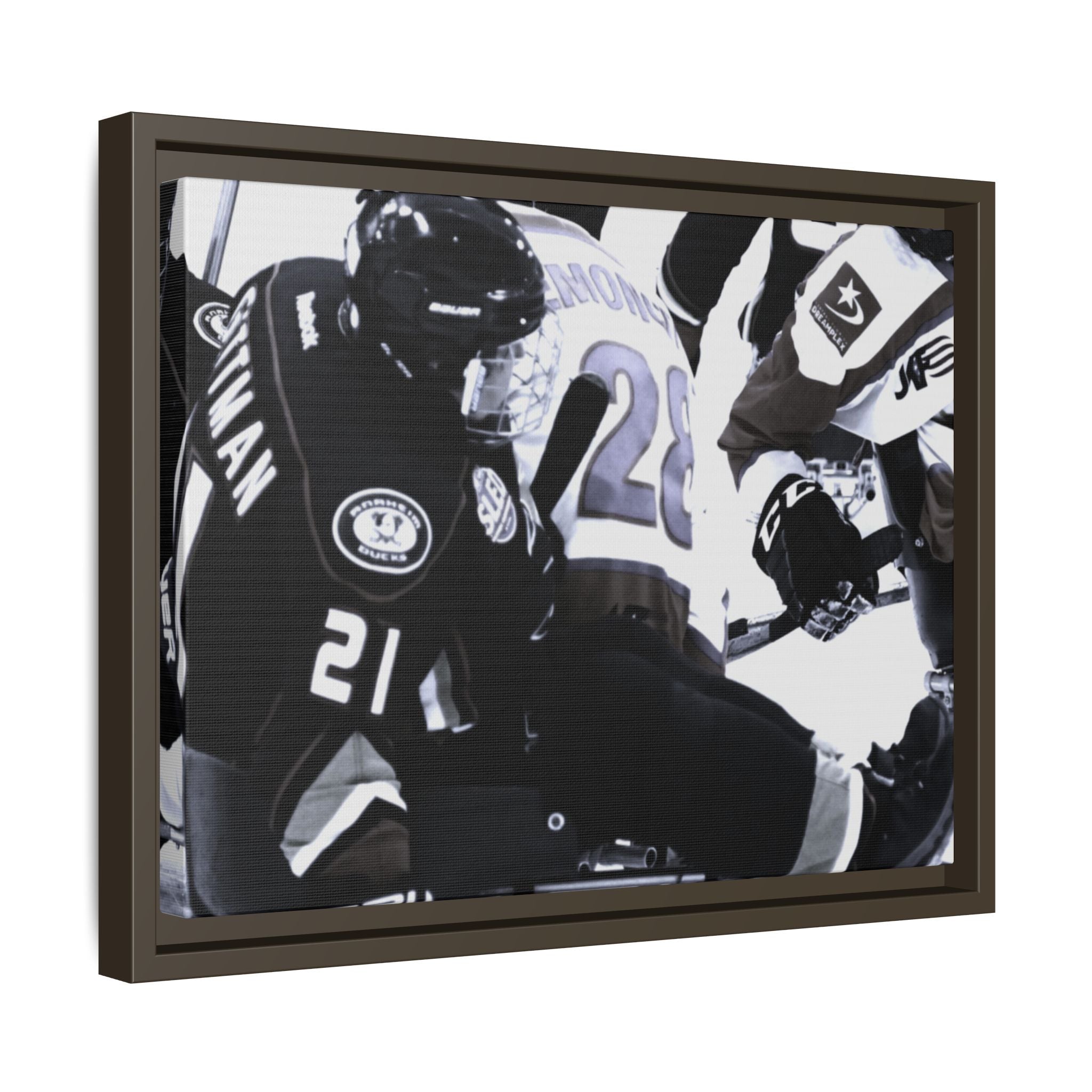 Framed Hockey Action Matte Canvas Print — Black & White Sports Wall Art