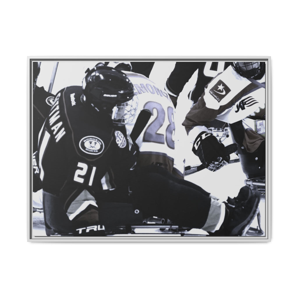 Framed Hockey Action Matte Canvas Print — Black & White Sports Wall Art
