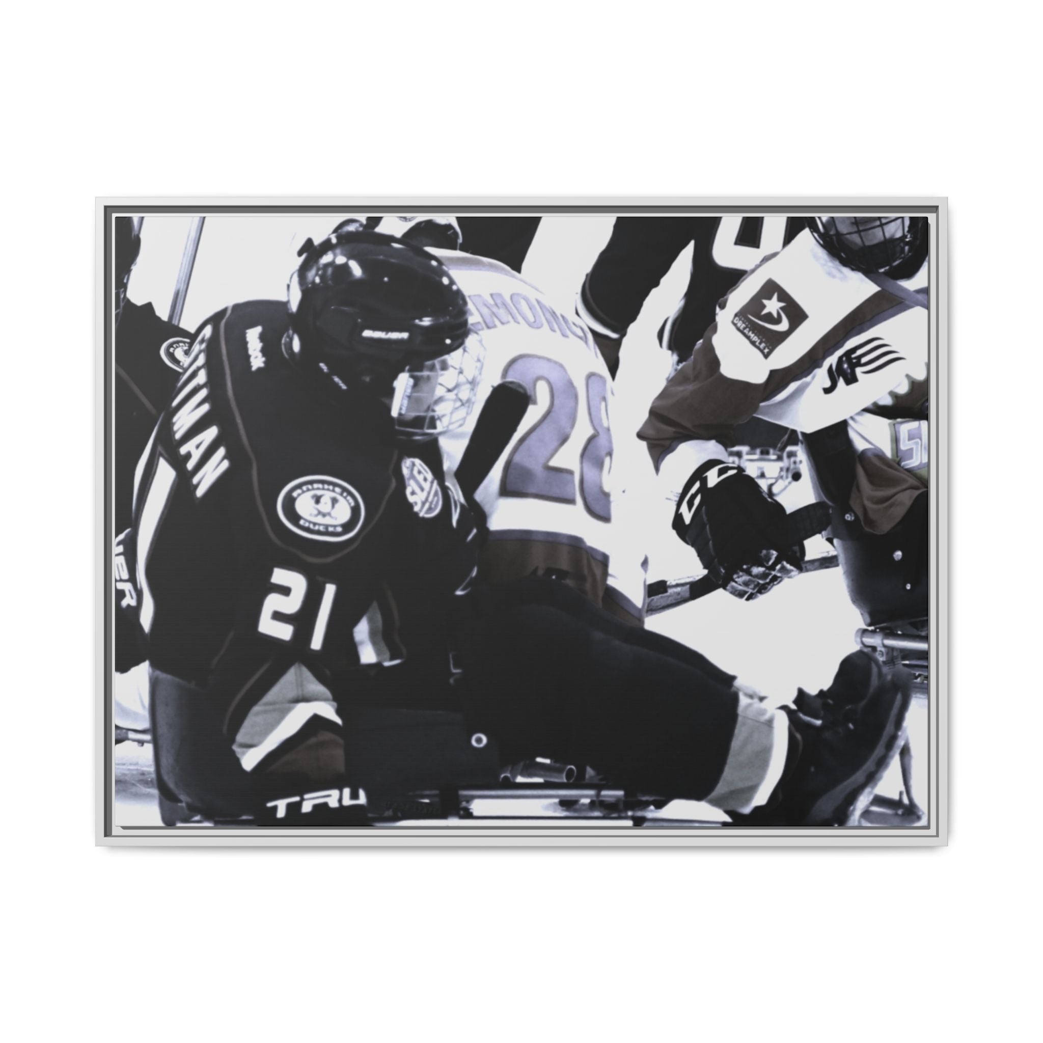 Framed Hockey Action Matte Canvas Print — Black & White Sports Wall Art