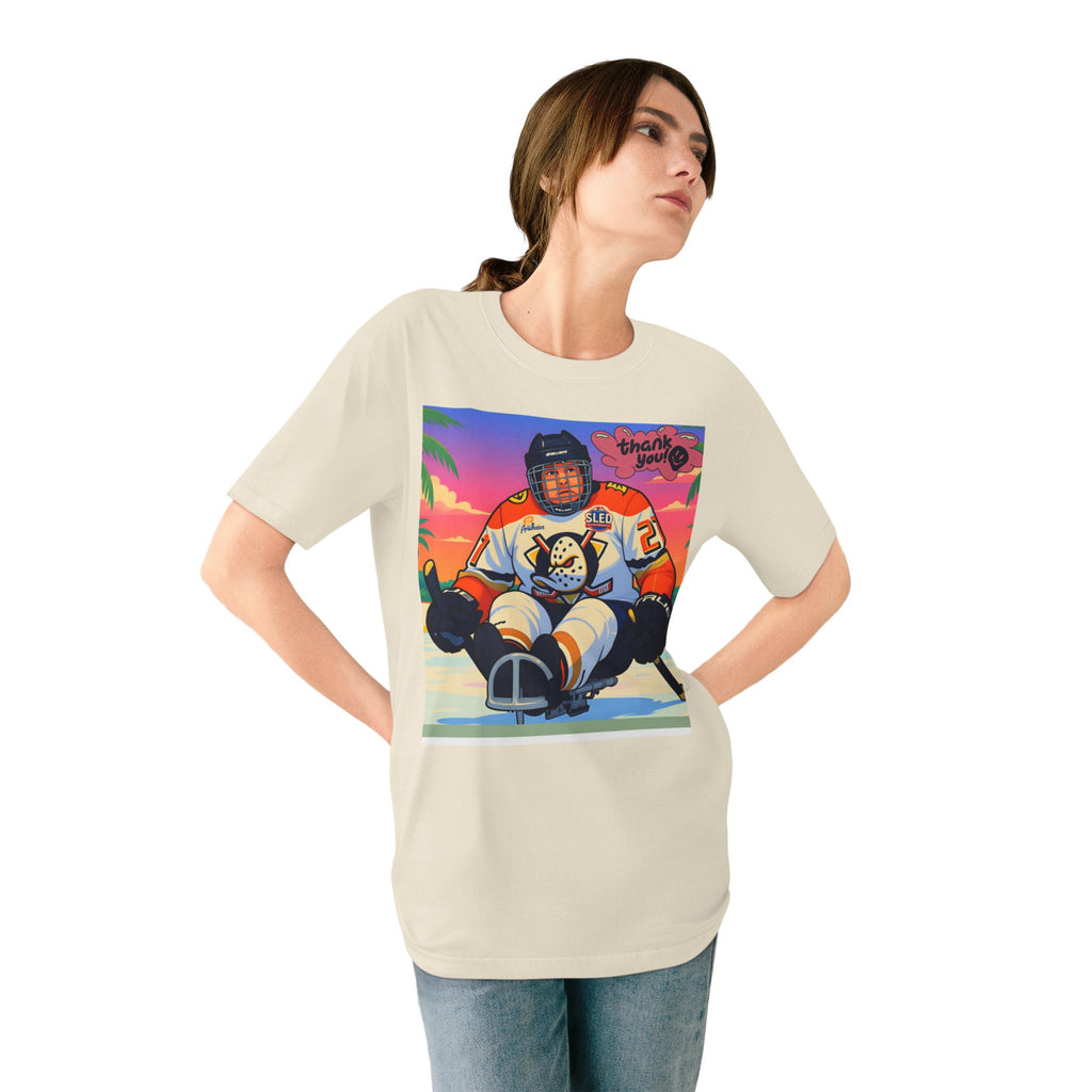 Hockey Sled Player Graphic T-Shirt — "Thank You" Retro Beach Vibe