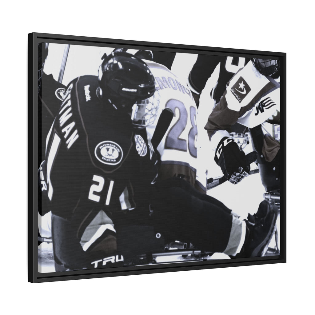 Framed Hockey Action Matte Canvas Print — Black & White Sports Wall Art