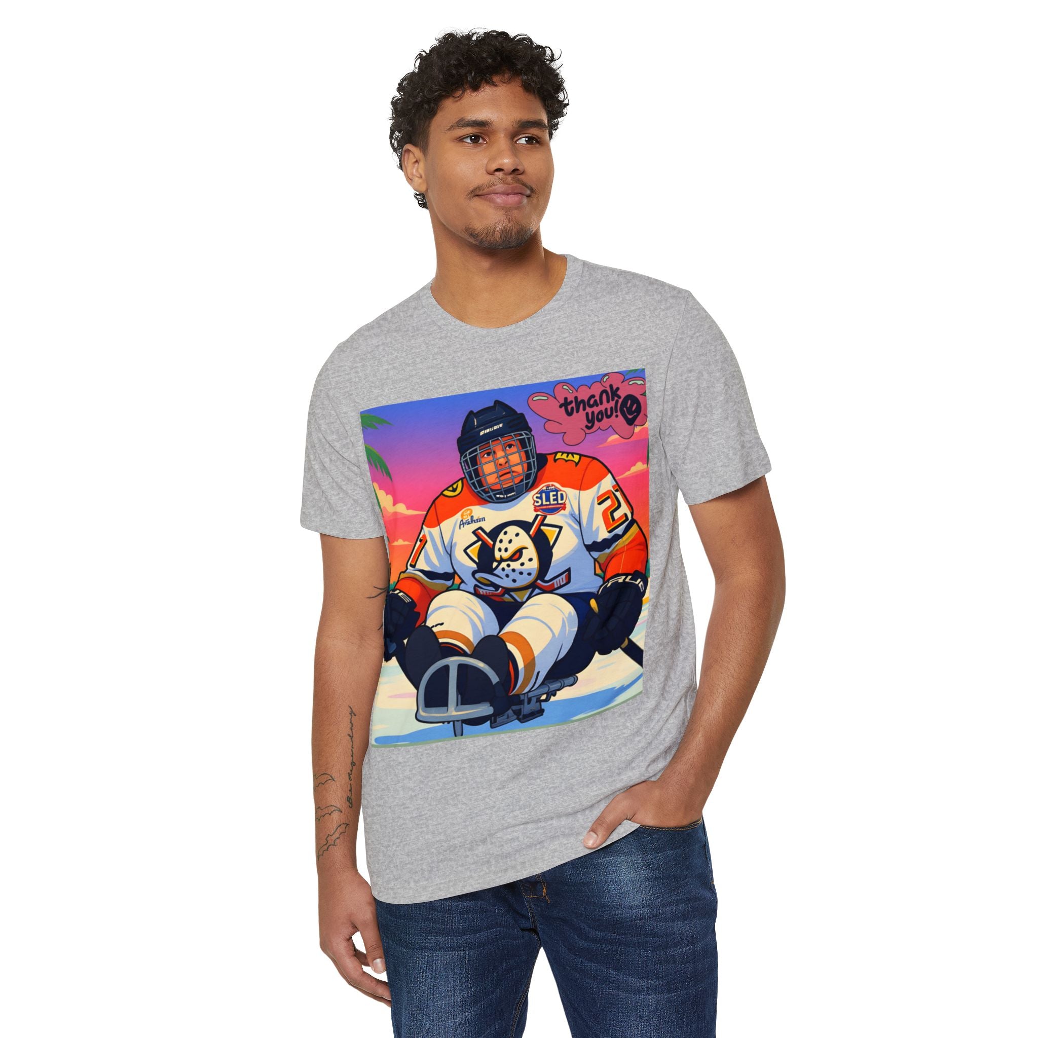 Sled Hockey Player "Thank You" Tee — Retro Sunset Adaptive Sports T-Shirt