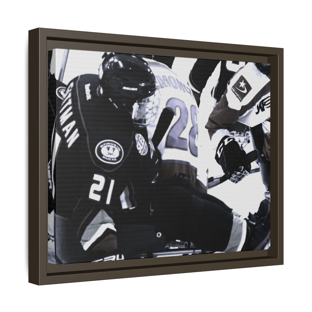 Framed Hockey Action Matte Canvas Print — Black & White Sports Wall Art